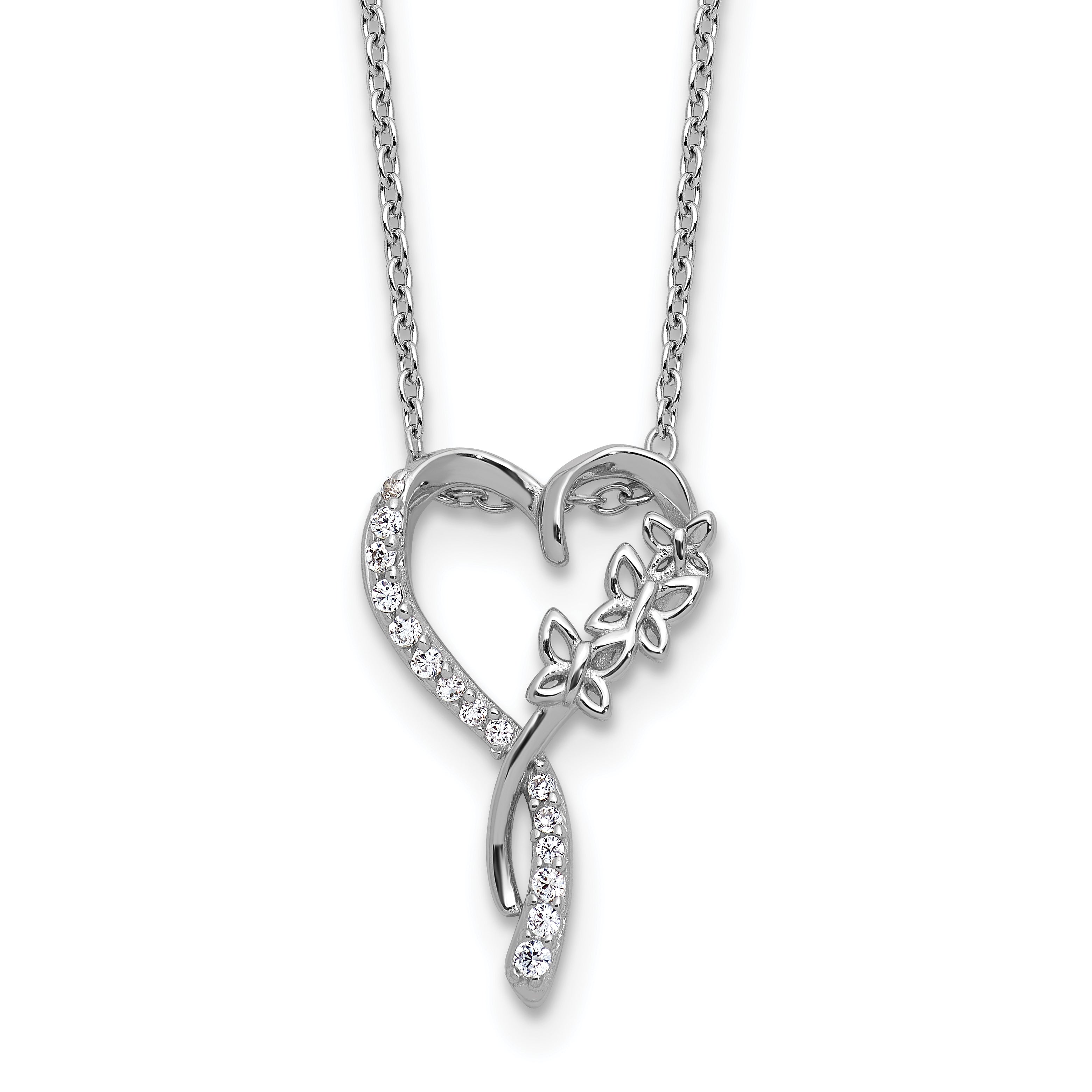 Cheryl M Sterling Silver Rhodium-plated Polished CZ Butterflies Heart with 2 Inch Extension Necklace Main image