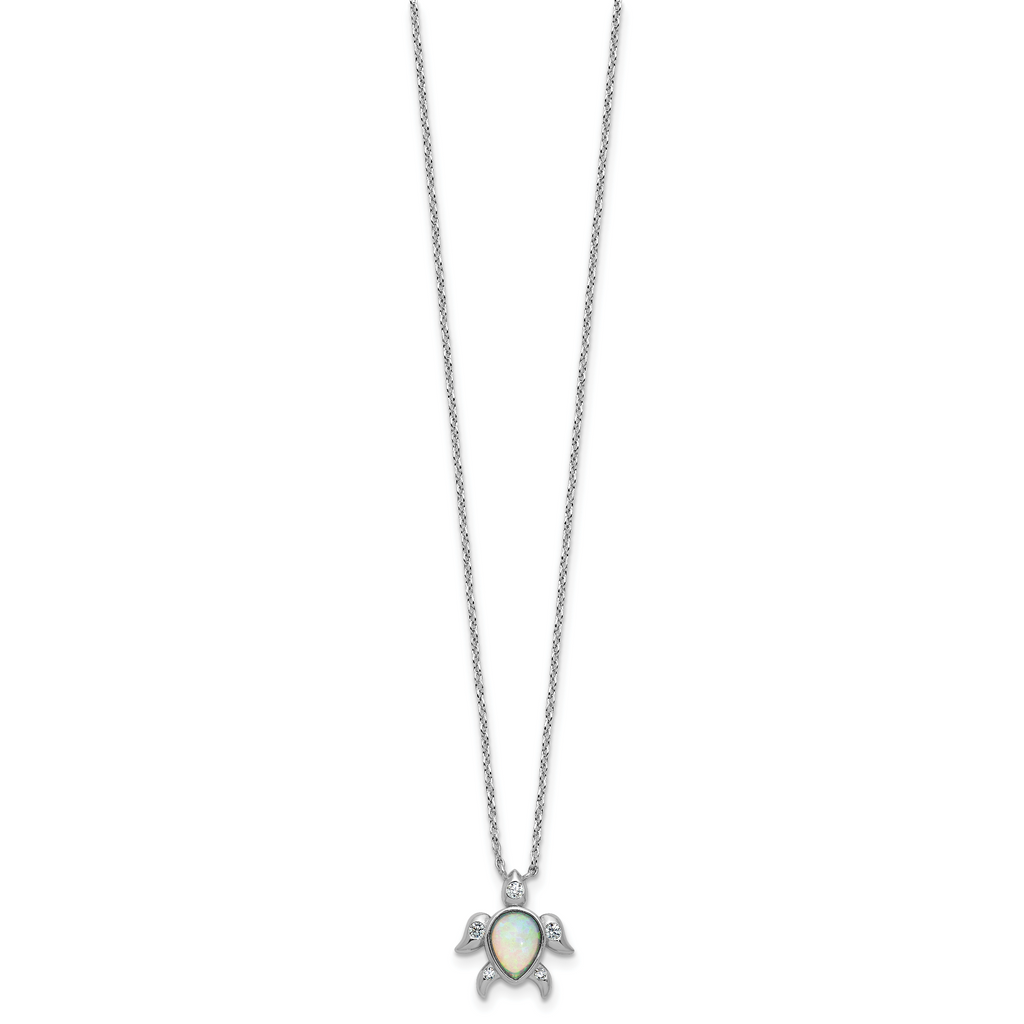 Cheryl M Sterling Silver Rhodium-plated Polished Lab Created Opal and CZ Turtle Necklace