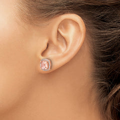 Cheryl M Sterling Silver Rose Gold-plated Polished CZ and Pink Glass Halo Post Earrings