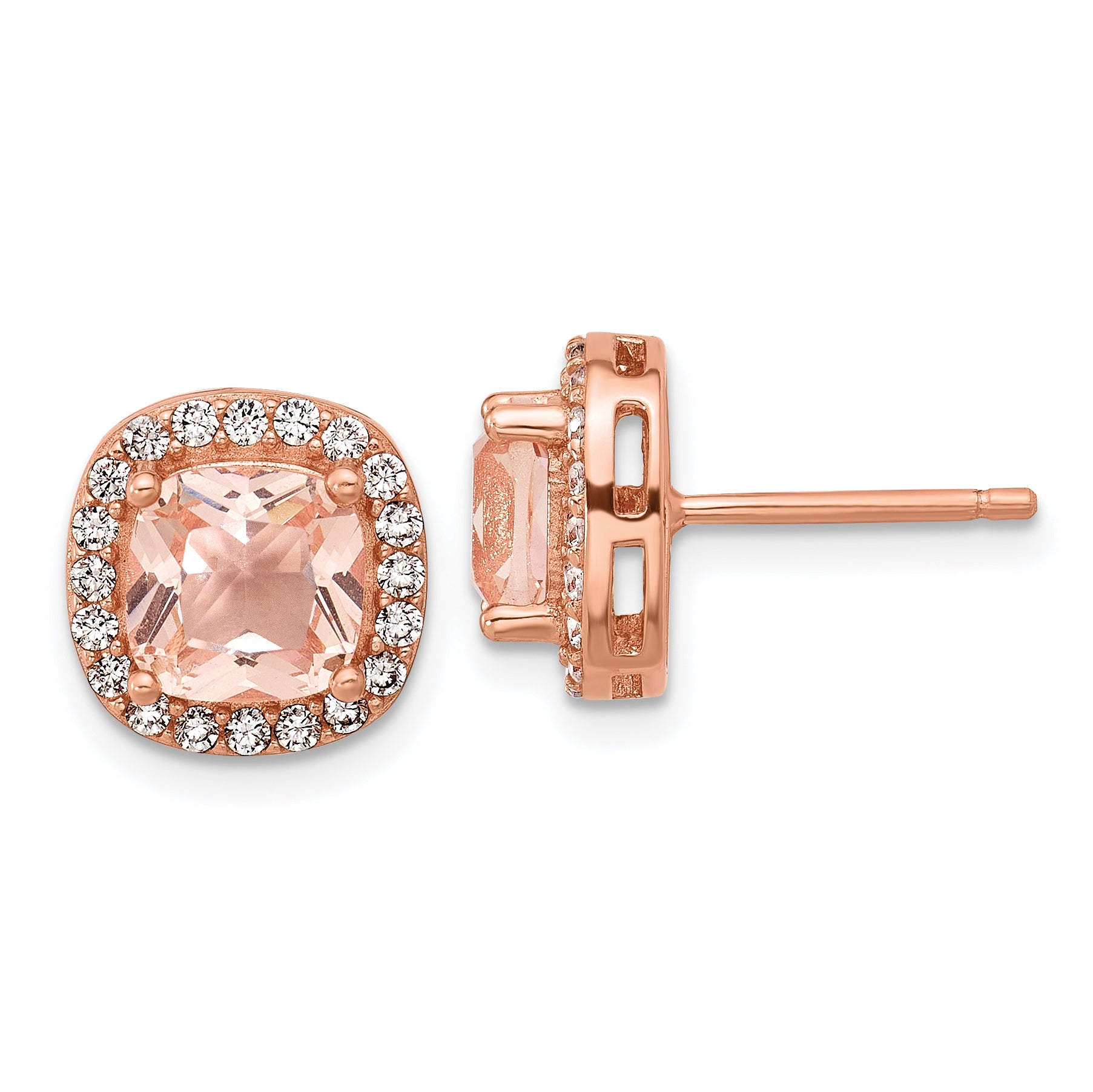 Cheryl M Sterling Silver Rose Gold-plated Polished CZ and Pink Glass Halo Post Earrings Main image