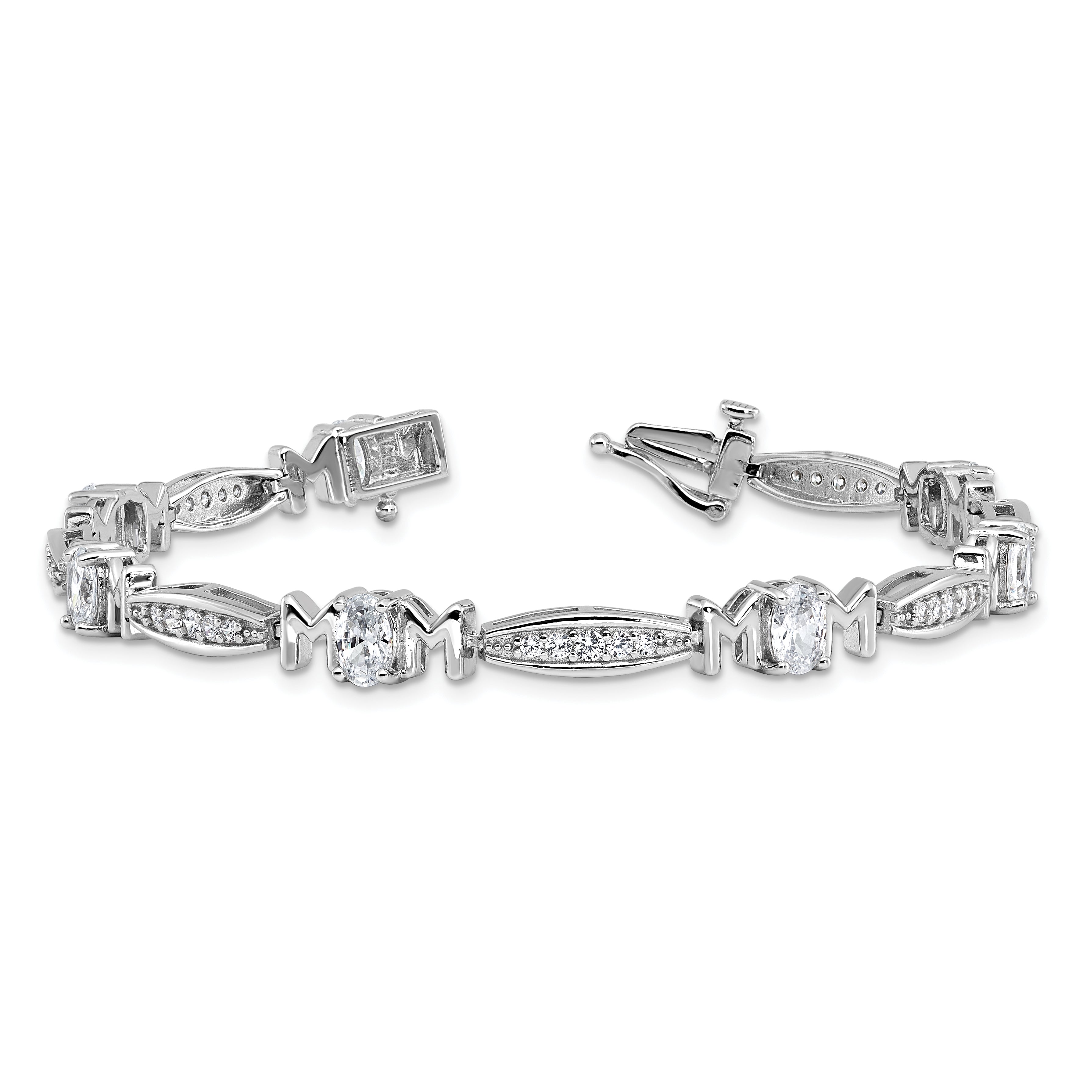 Cheryl M Sterling Silver Rhodium-plated Polished CZ Mom with Safety Clasp Bracelet