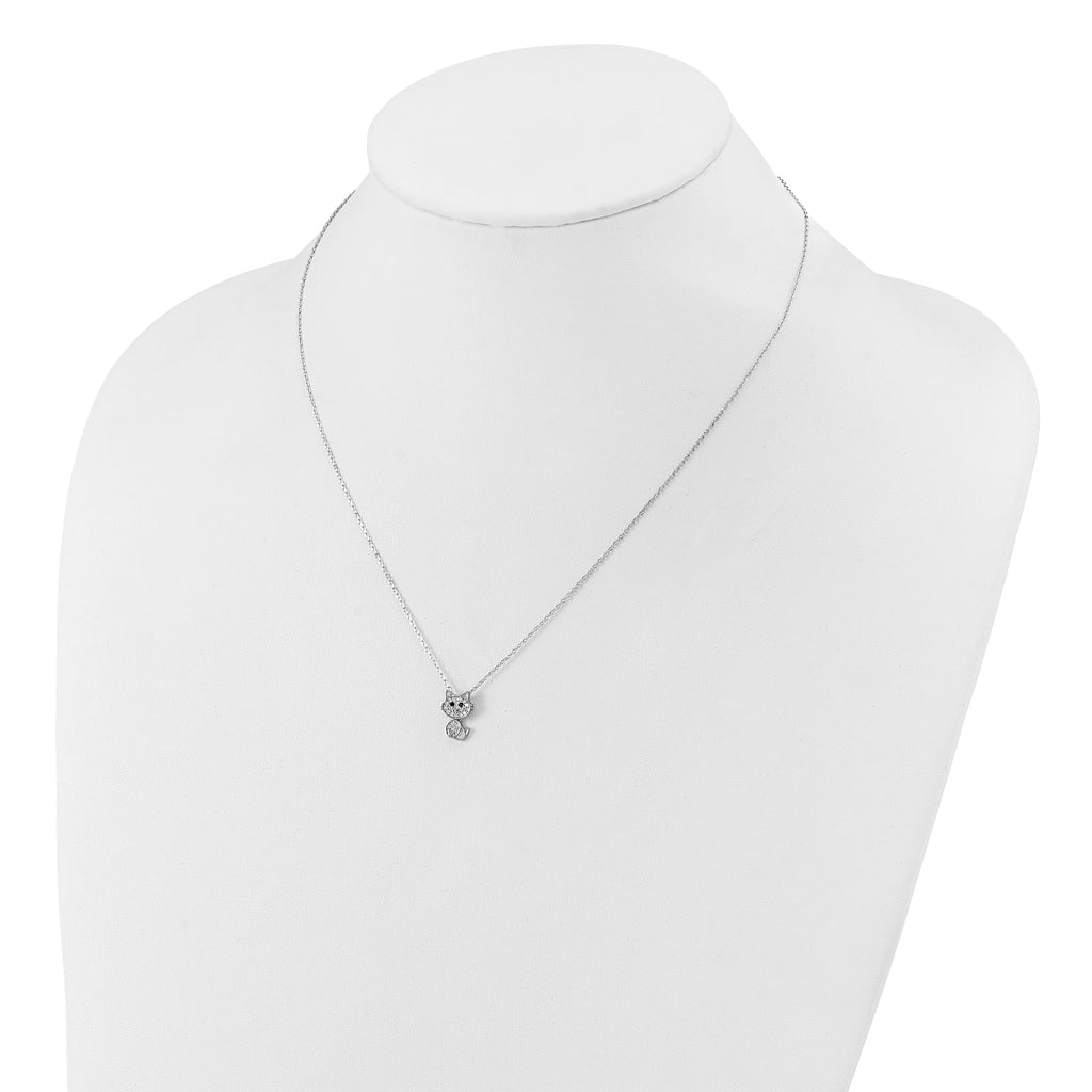 Cheryl M Sterling Silver Rhodium-plated Polished Black and White CZ Cat Necklace