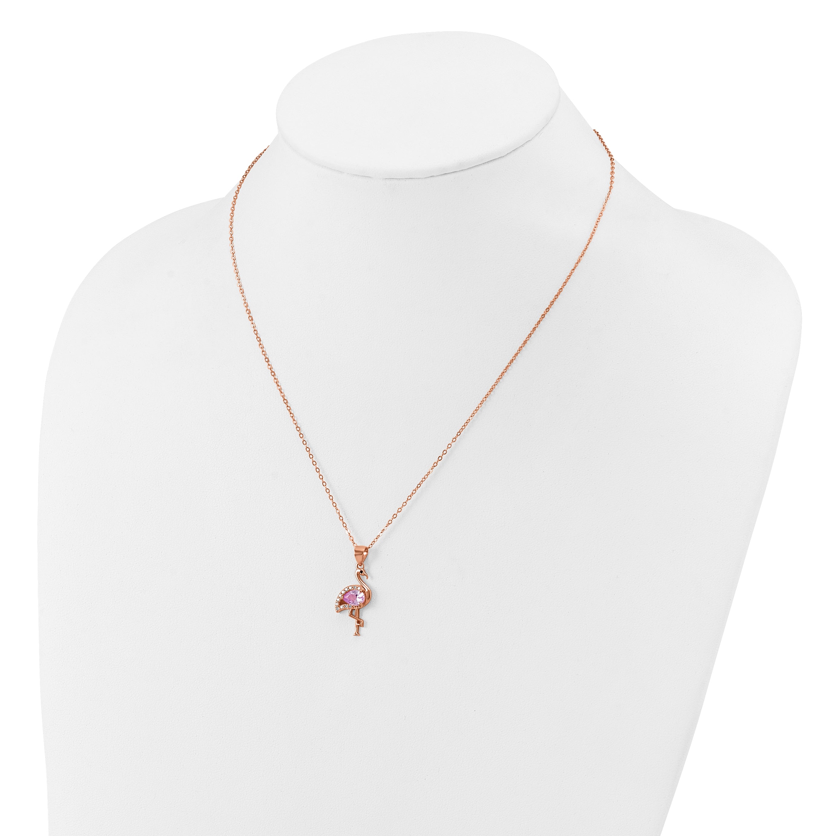Cheryl M Sterling Silver Rose-tone Polished Lab Created Ruby Black Spinel and CZ Flamingo Necklace