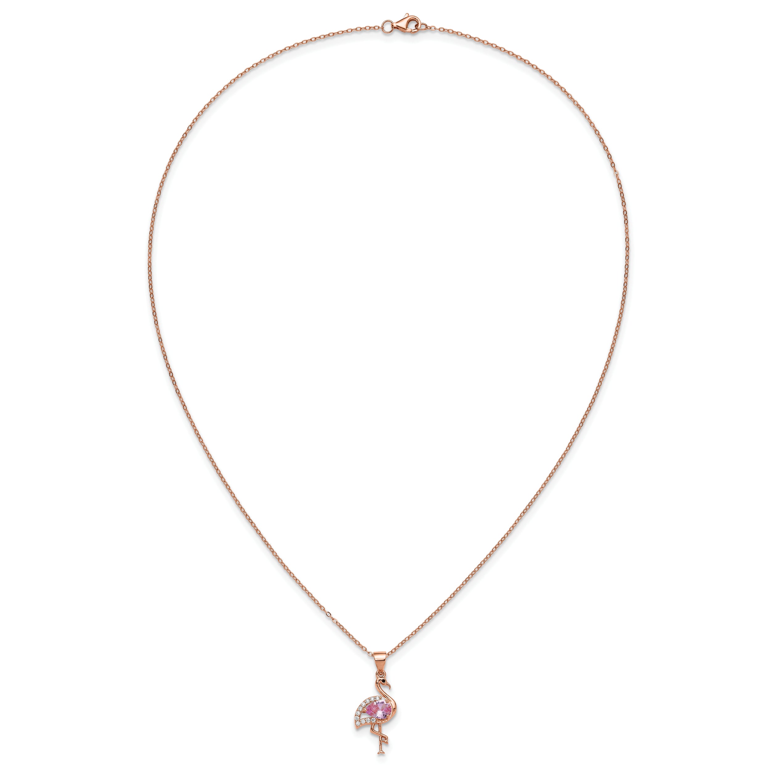 Cheryl M Sterling Silver Rose-tone Polished Lab Created Ruby Black Spinel and CZ Flamingo Necklace