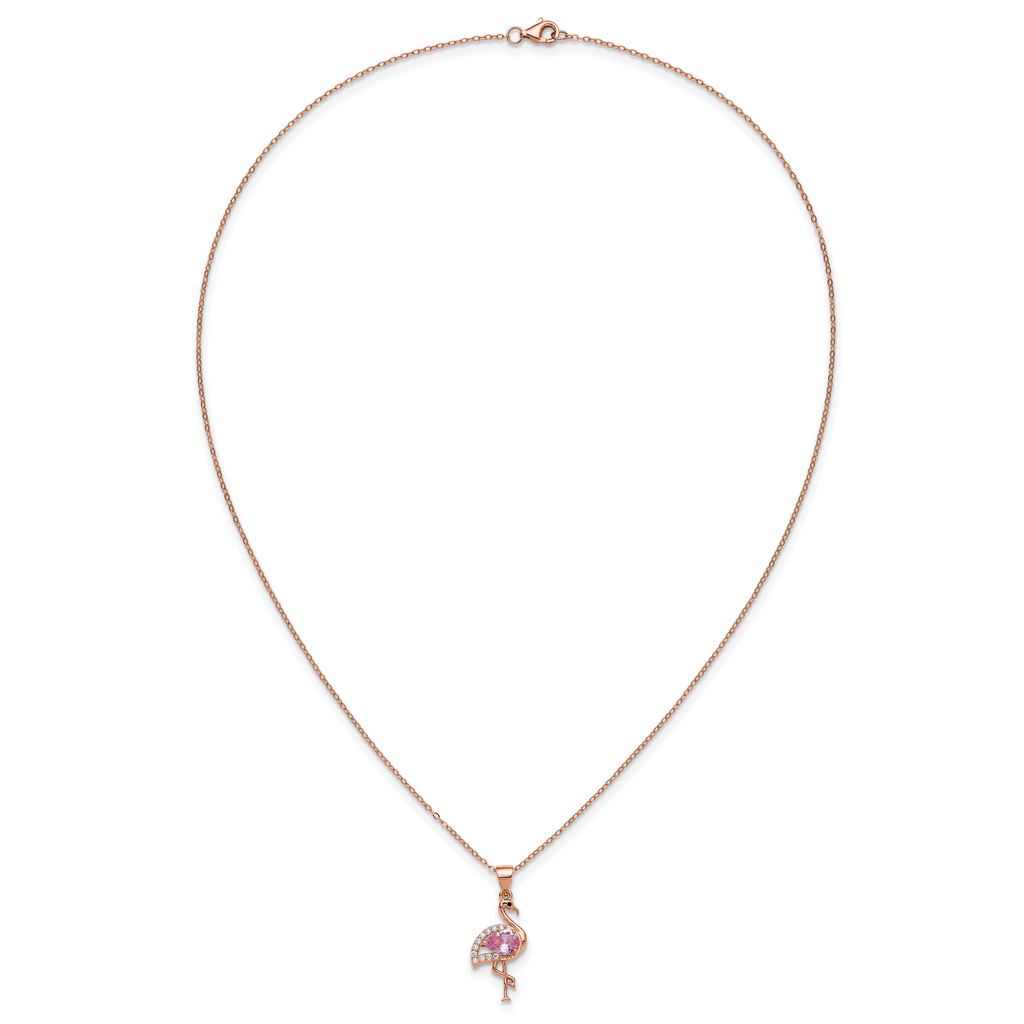 Cheryl M Sterling Silver Rose-tone Polished Lab Created Ruby Black Spinel and CZ Flamingo Necklace