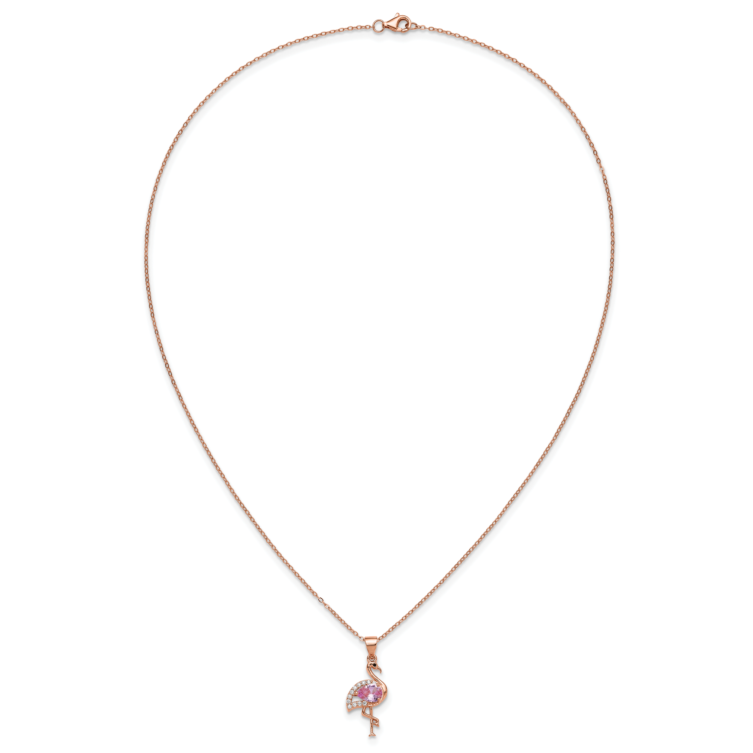 Cheryl M Sterling Silver Rose-tone Polished Lab Created Ruby Black Spinel and CZ Flamingo Necklace