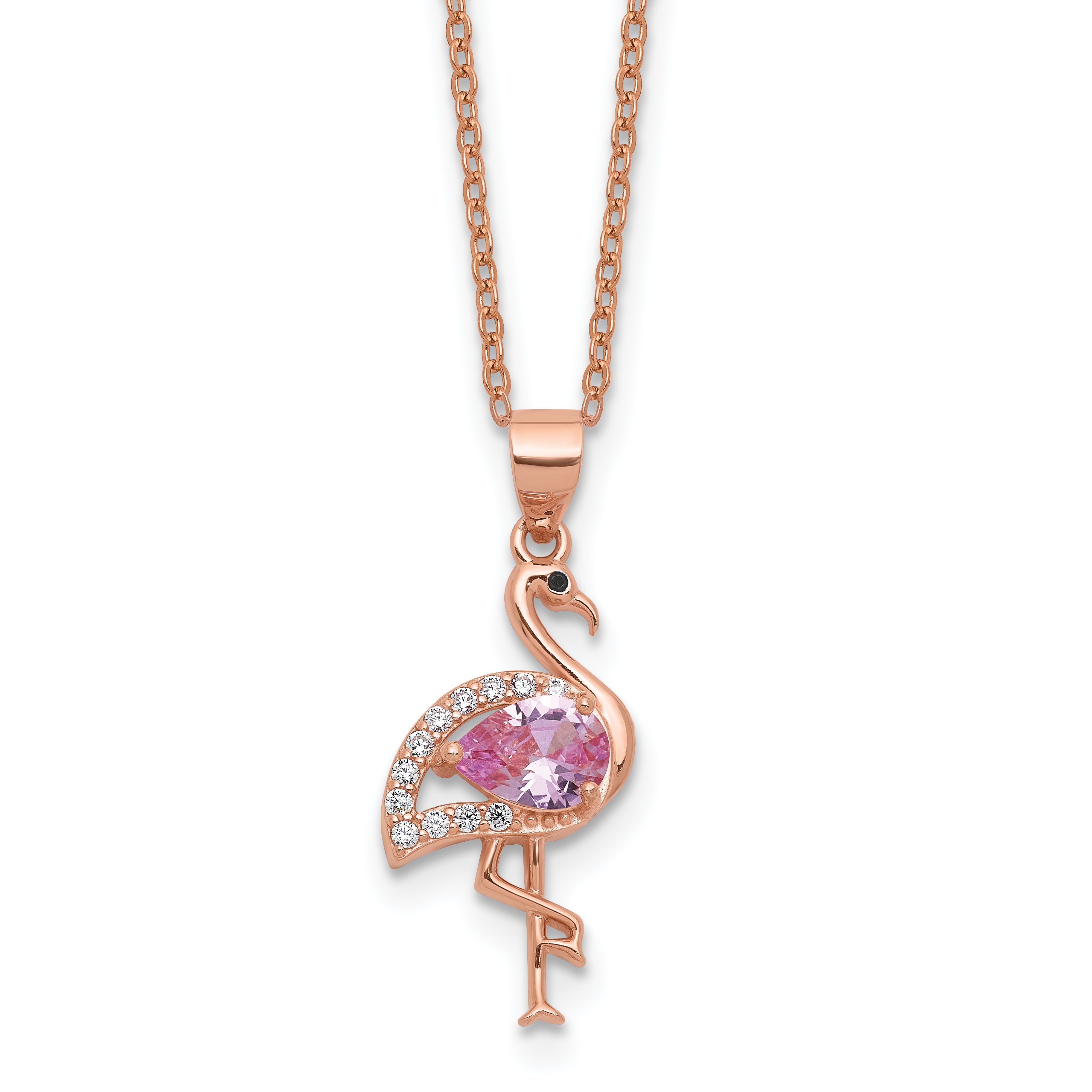 Cheryl M Sterling Silver Rose-tone Polished Lab Created Ruby Black Spinel and CZ Flamingo Necklace Main image
