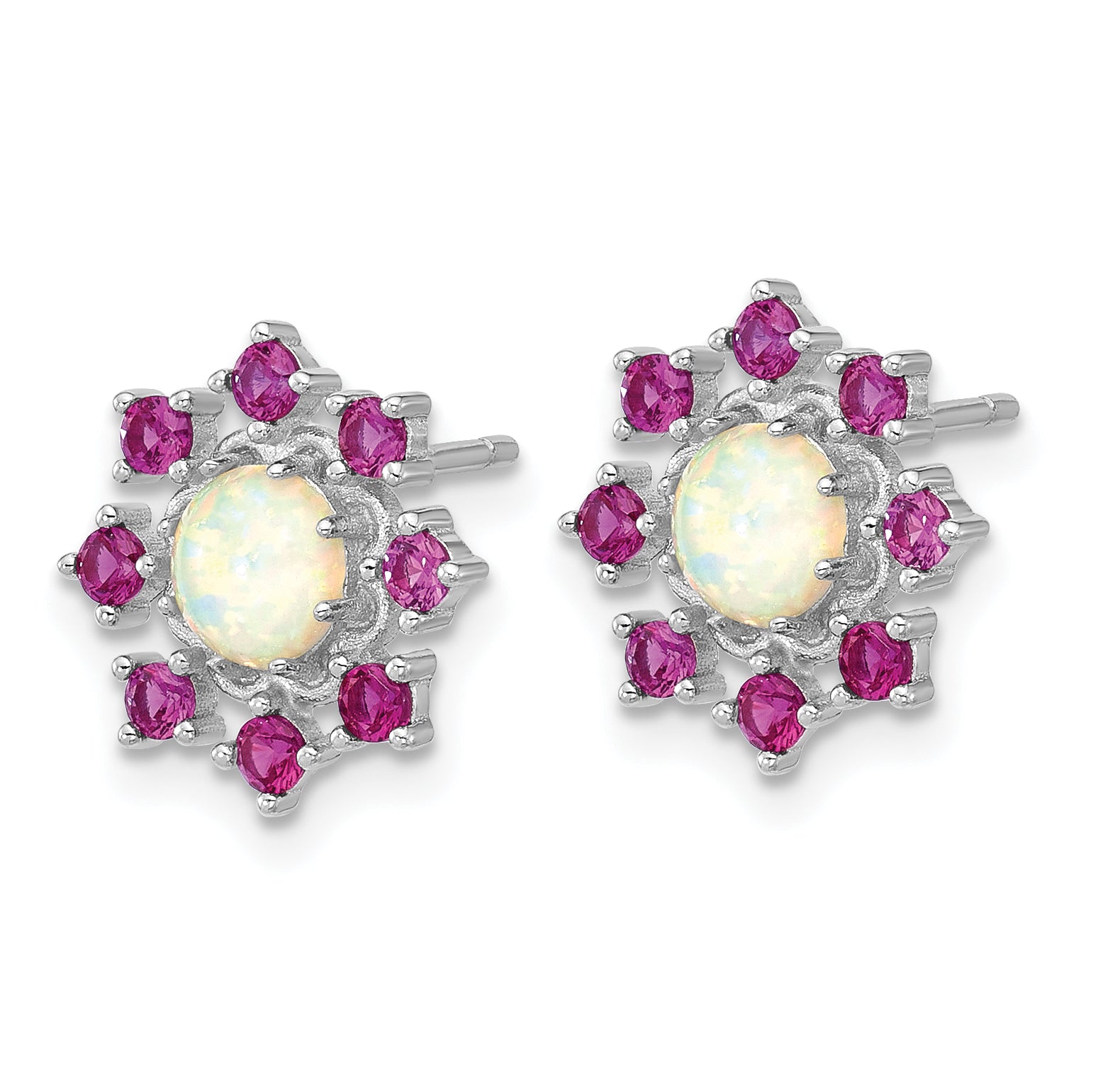 Cheryl M Sterling Silver Rhodium-plated Polished Created Opal and Pink Crystal Flower Post Earrings