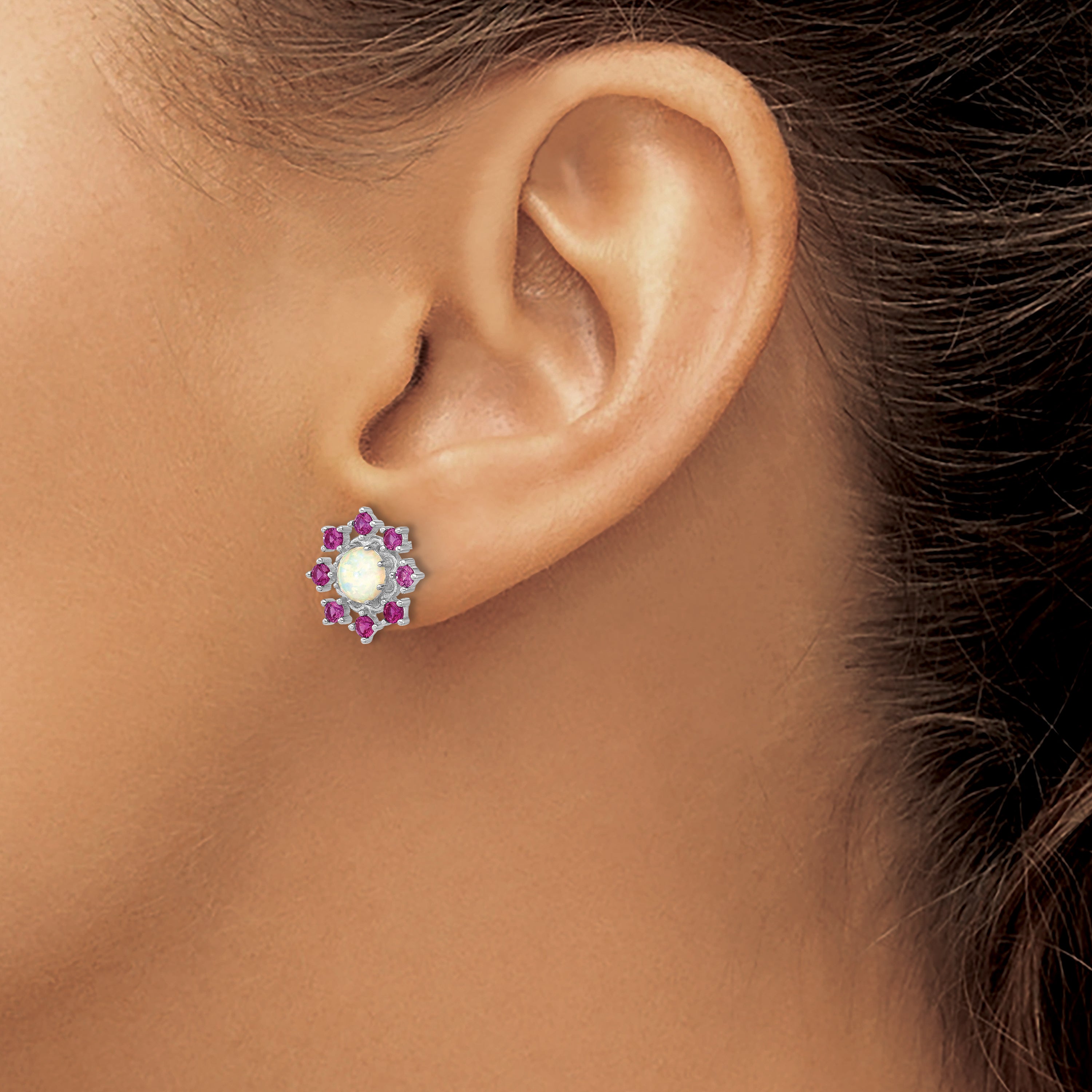 Cheryl M Sterling Silver Rhodium-plated Polished Created Opal and Pink Crystal Flower Post Earrings