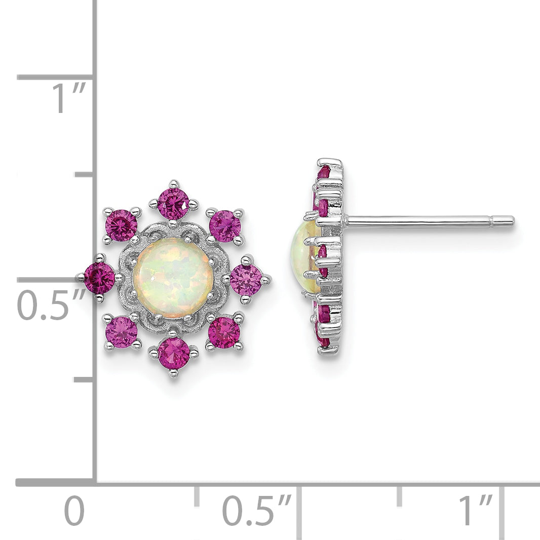 Cheryl M Sterling Silver Rhodium-plated Polished Created Opal and Pink Crystal Flower Post Earrings