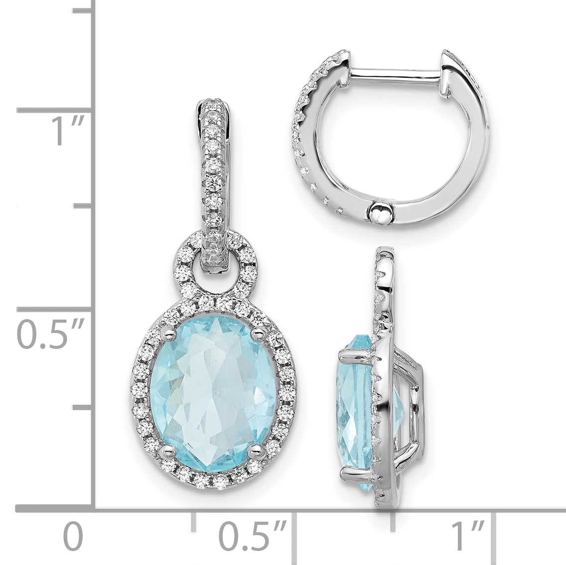 Cheryl M Sterling Silver Rhodium-plated Polished Aqua Glass and CZ Dangle Hinged Round Hoop Earrings