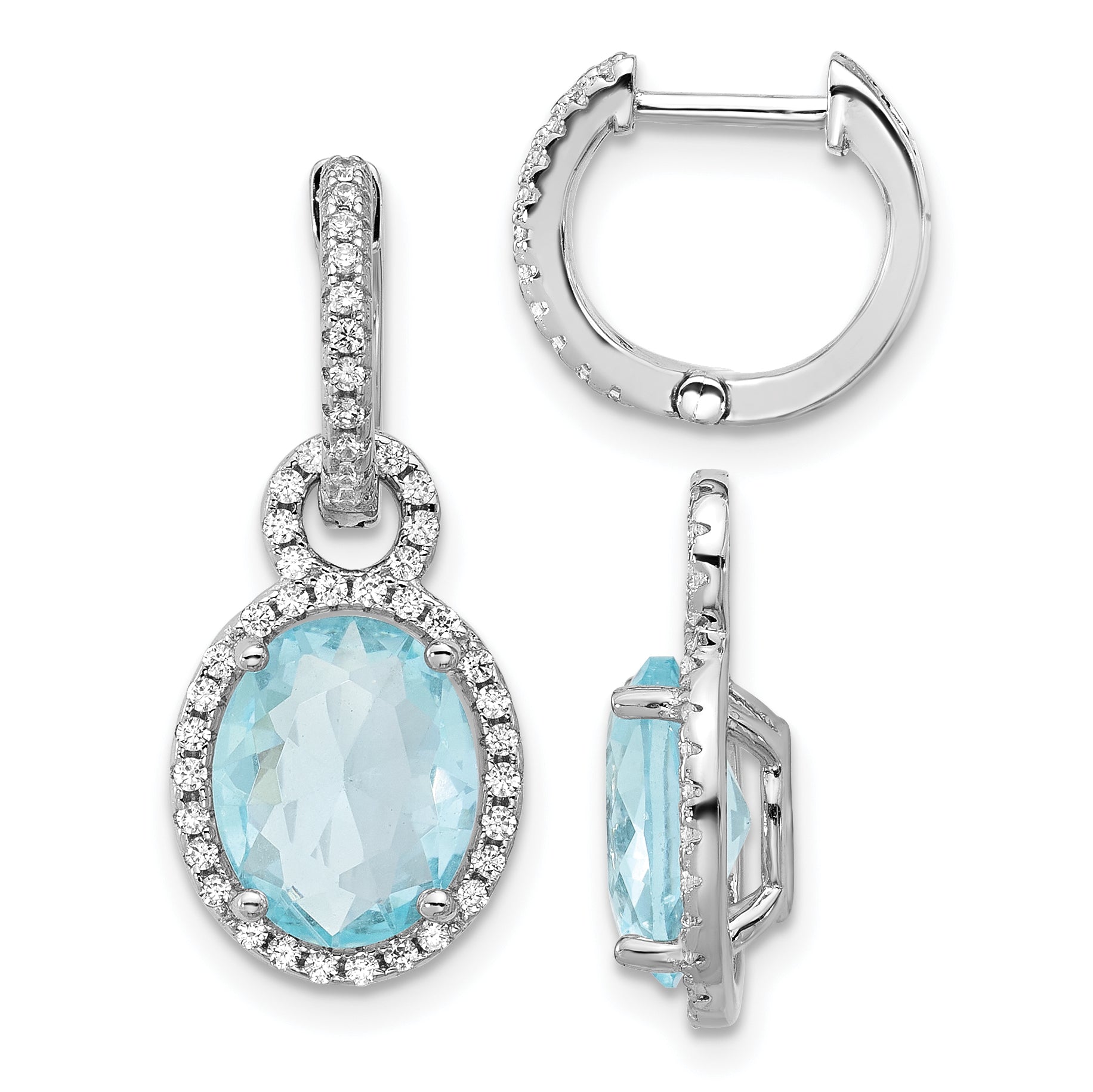 Cheryl M Sterling Silver Rhodium-plated Polished Aqua Glass and CZ Dangle Hinged Round Hoop Earrings Main image