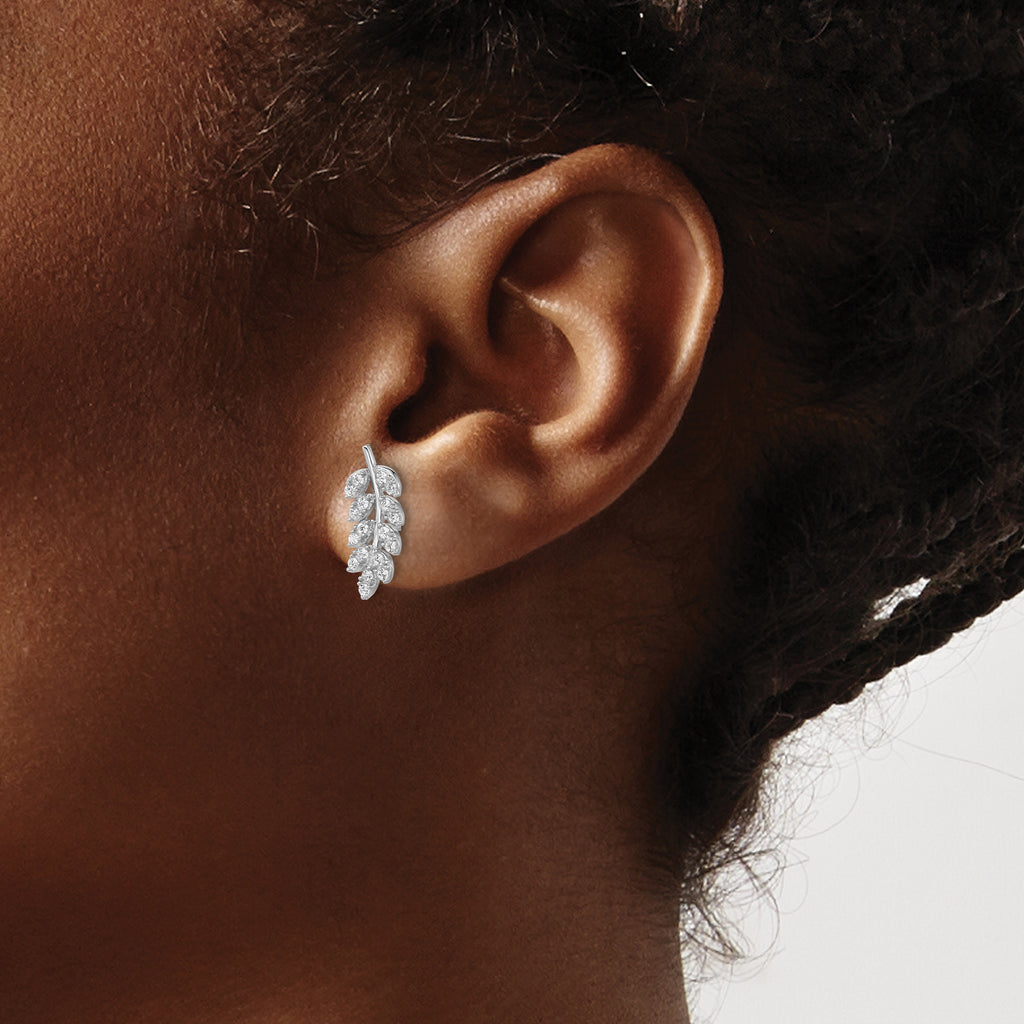 Cheryl M Sterling Silver Rhodium-plated Polished CZ Leaf Post Earrings