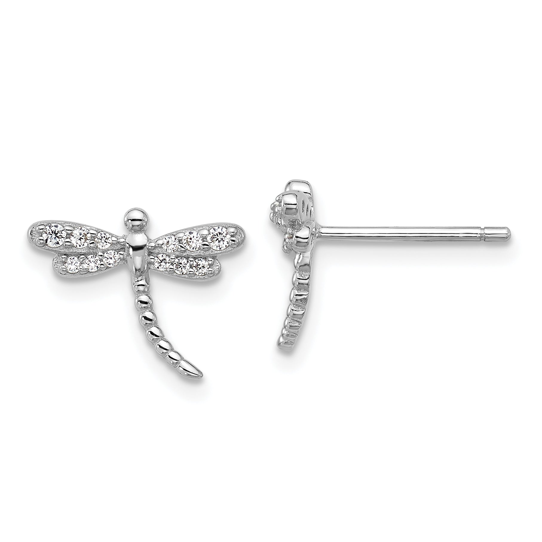 Cheryl M Sterling Silver Rhodium-plated Polished and Beaded CZ Dragonfly Post Earrings Main image
