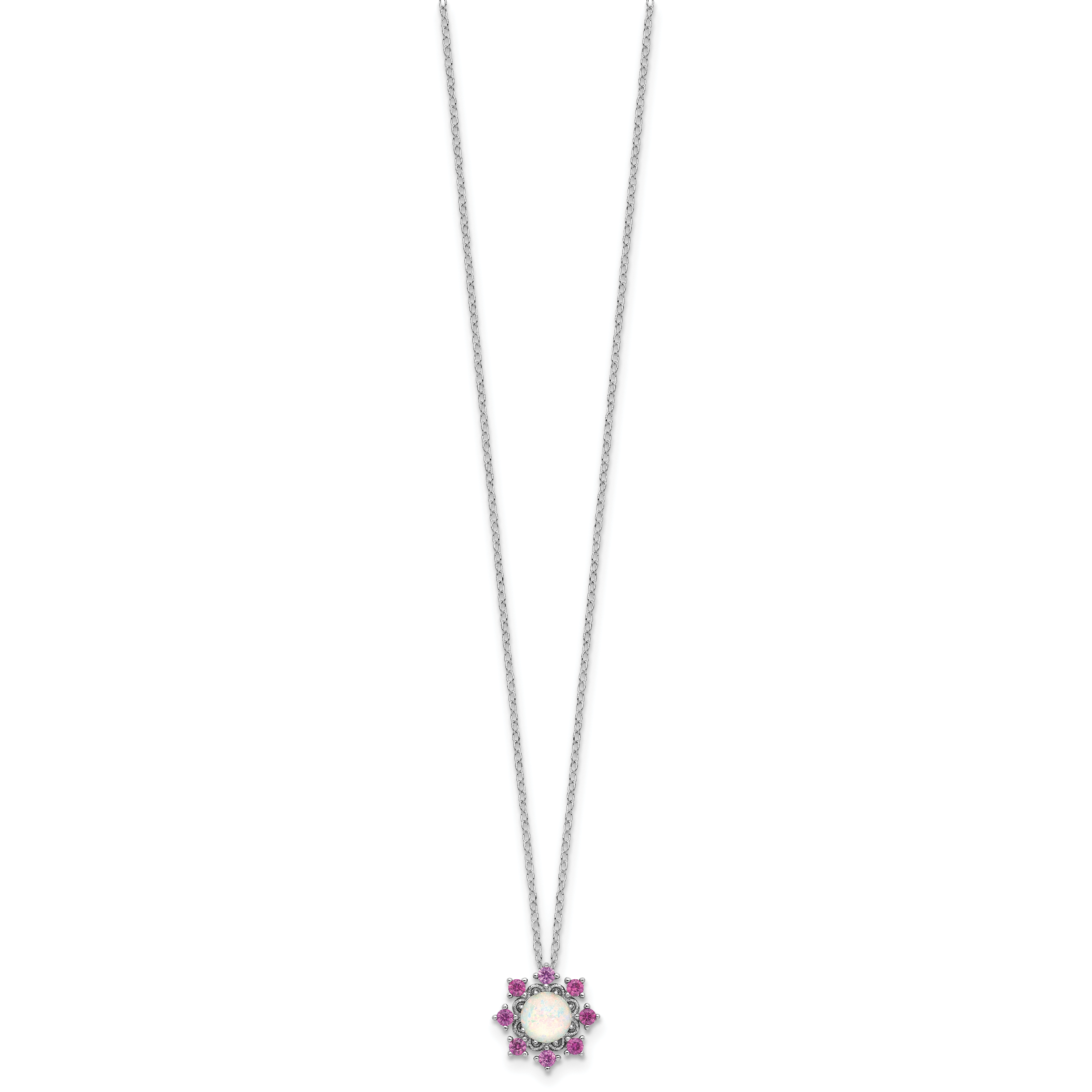 Cheryl M Sterling Silver Rhodium-plated Polished Created Opal and Pink Crystal Flower Necklace Secondary image