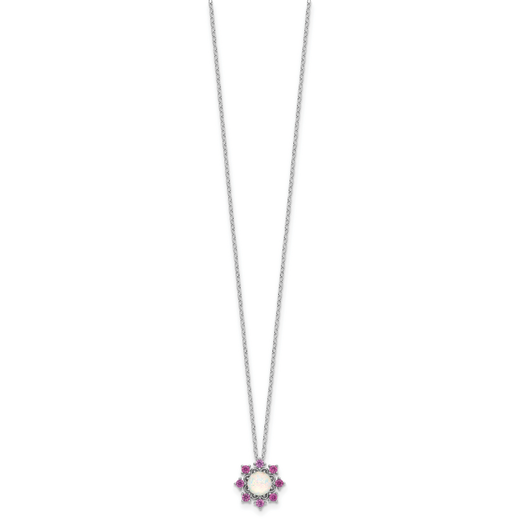 Cheryl M Sterling Silver Rhodium-plated Polished Created Opal and Pink Crystal Flower Necklace