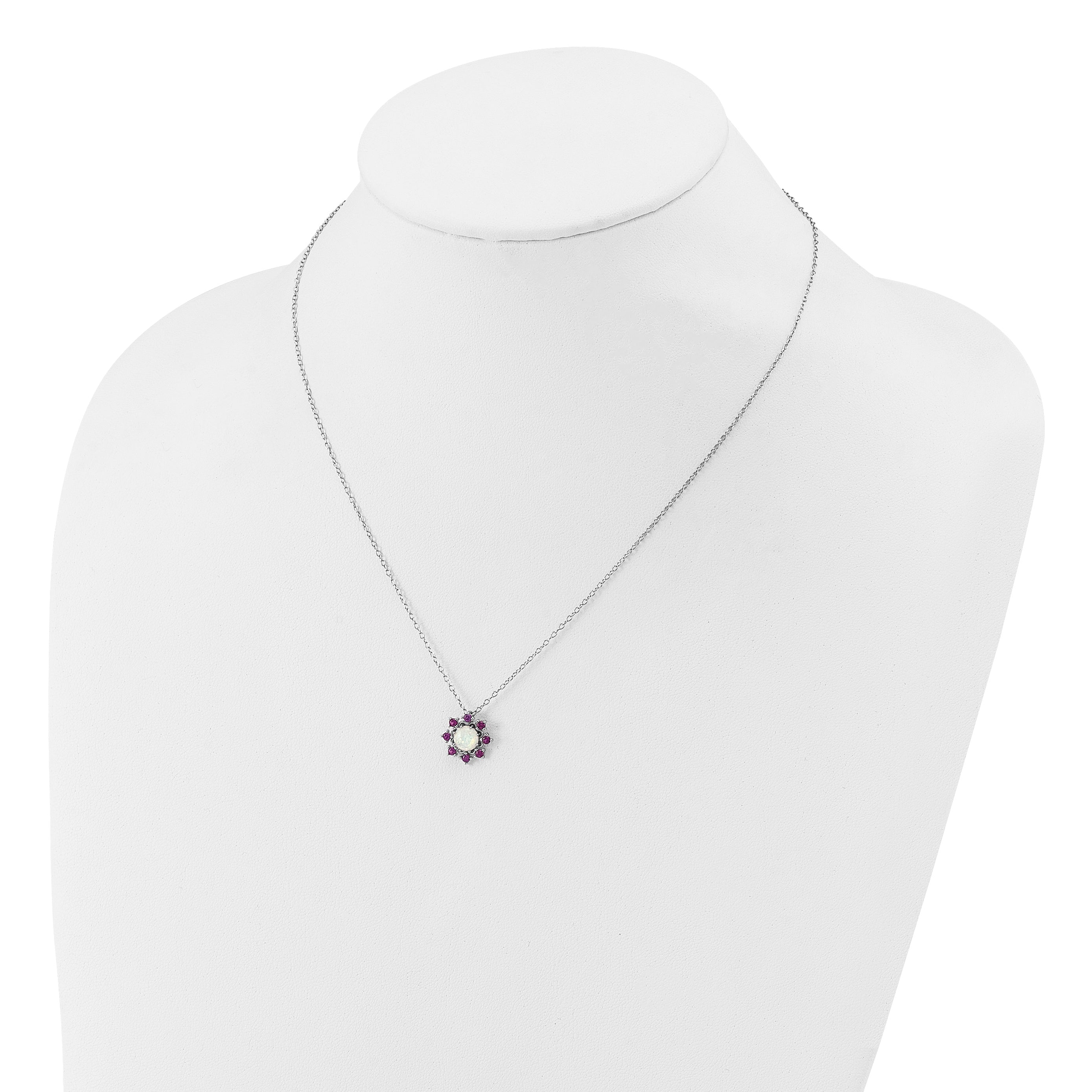 Cheryl M Sterling Silver Rhodium-plated Polished Created Opal and Pink Crystal Flower Necklace