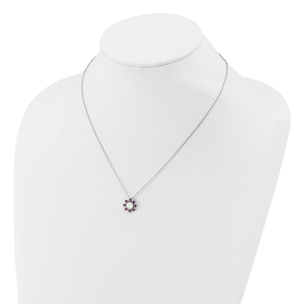 Cheryl M Sterling Silver Rhodium-plated Polished Created Opal and Pink Crystal Flower Necklace