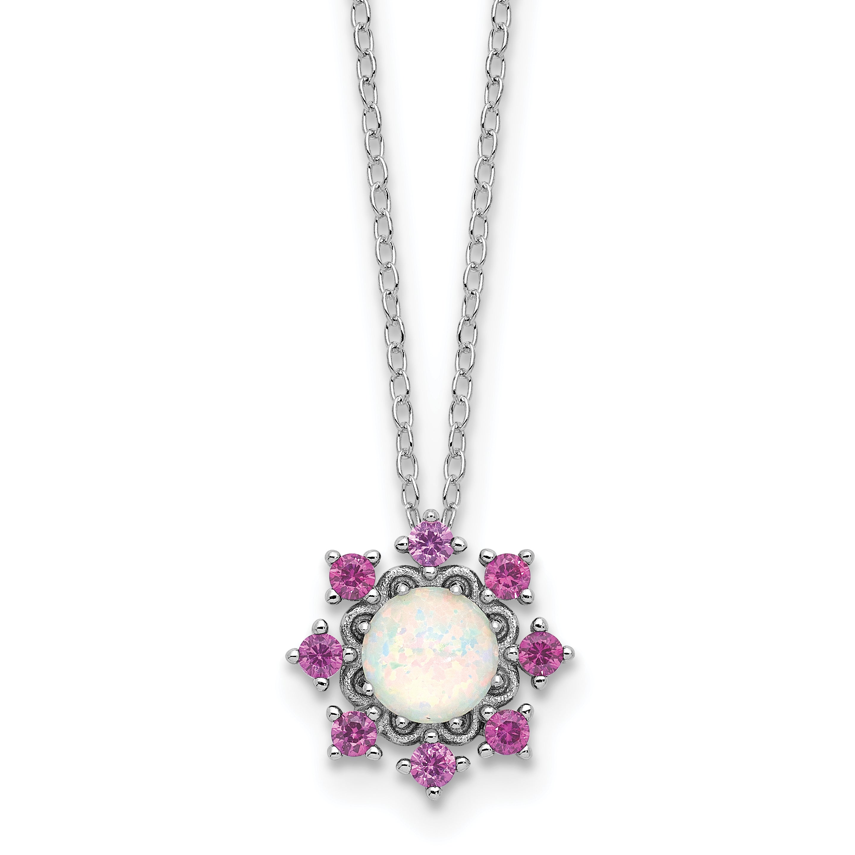 Cheryl M Sterling Silver Rhodium-plated Polished Created Opal and Pink Crystal Flower Necklace Main image