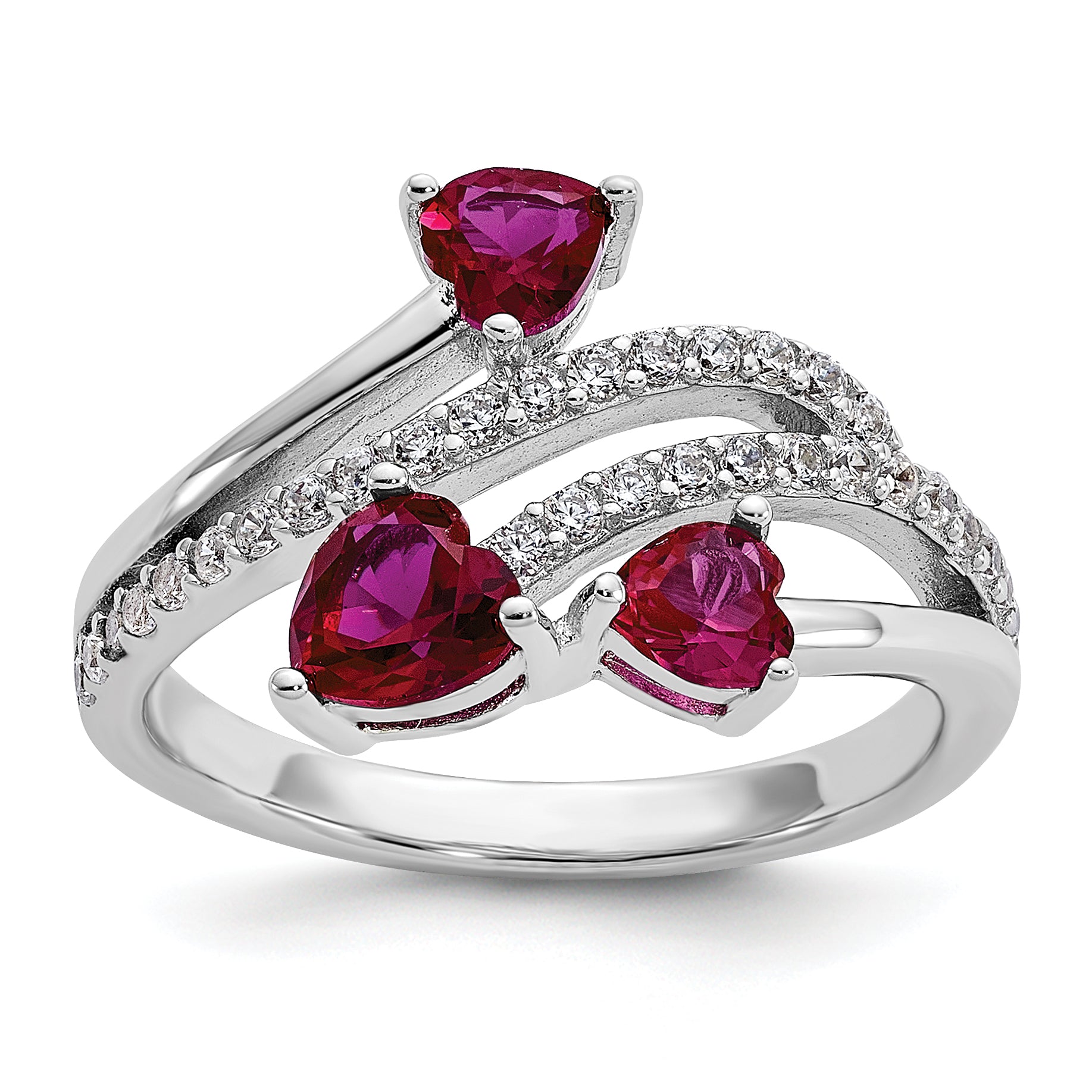 Cheryl M Sterling Silver Rhodium-plated Polished Lab Created Ruby and CZ Hearts Ring Main image