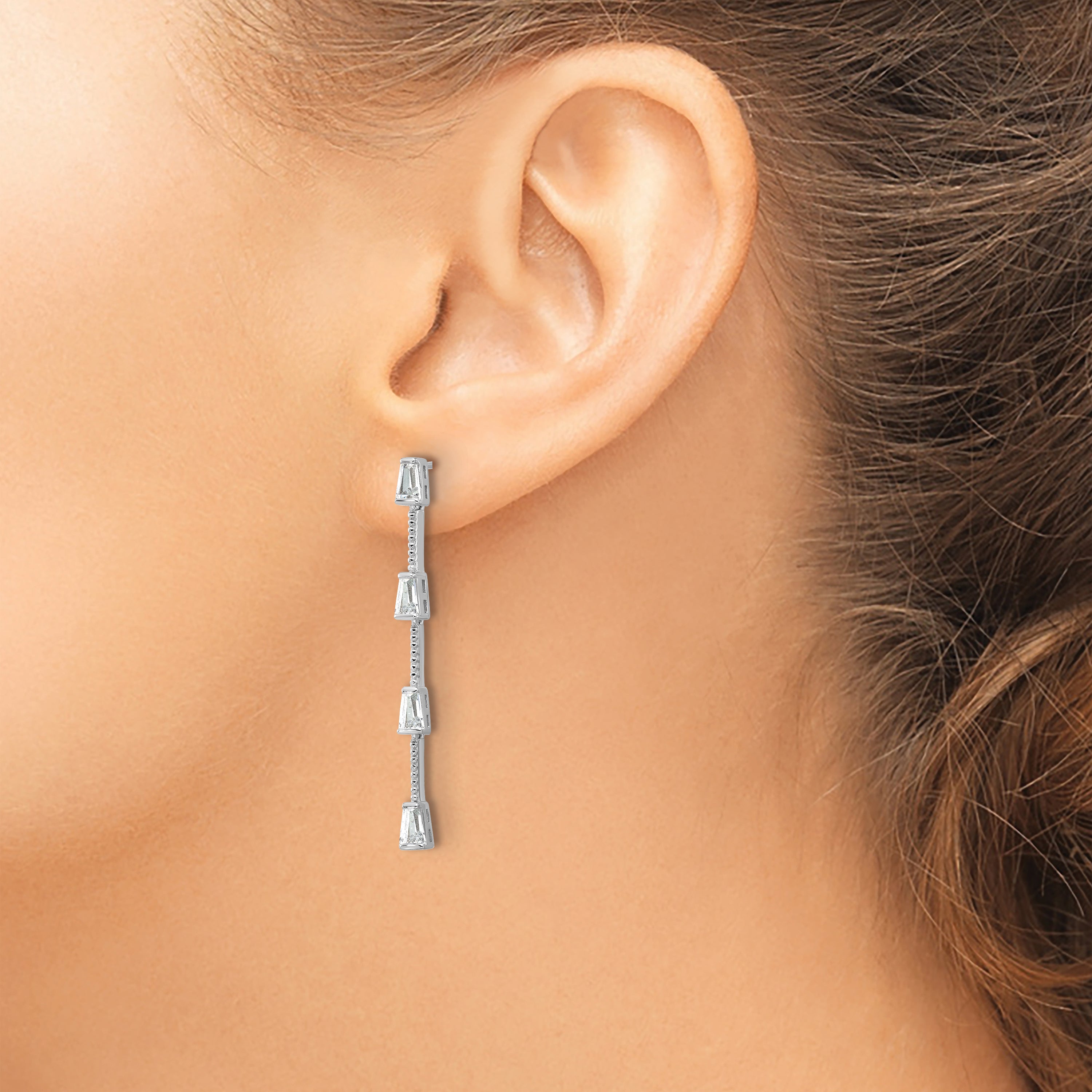 Cheryl M Sterling Silver Rhodium-plated Polished and Beaded CZ Post Dangle Earrings