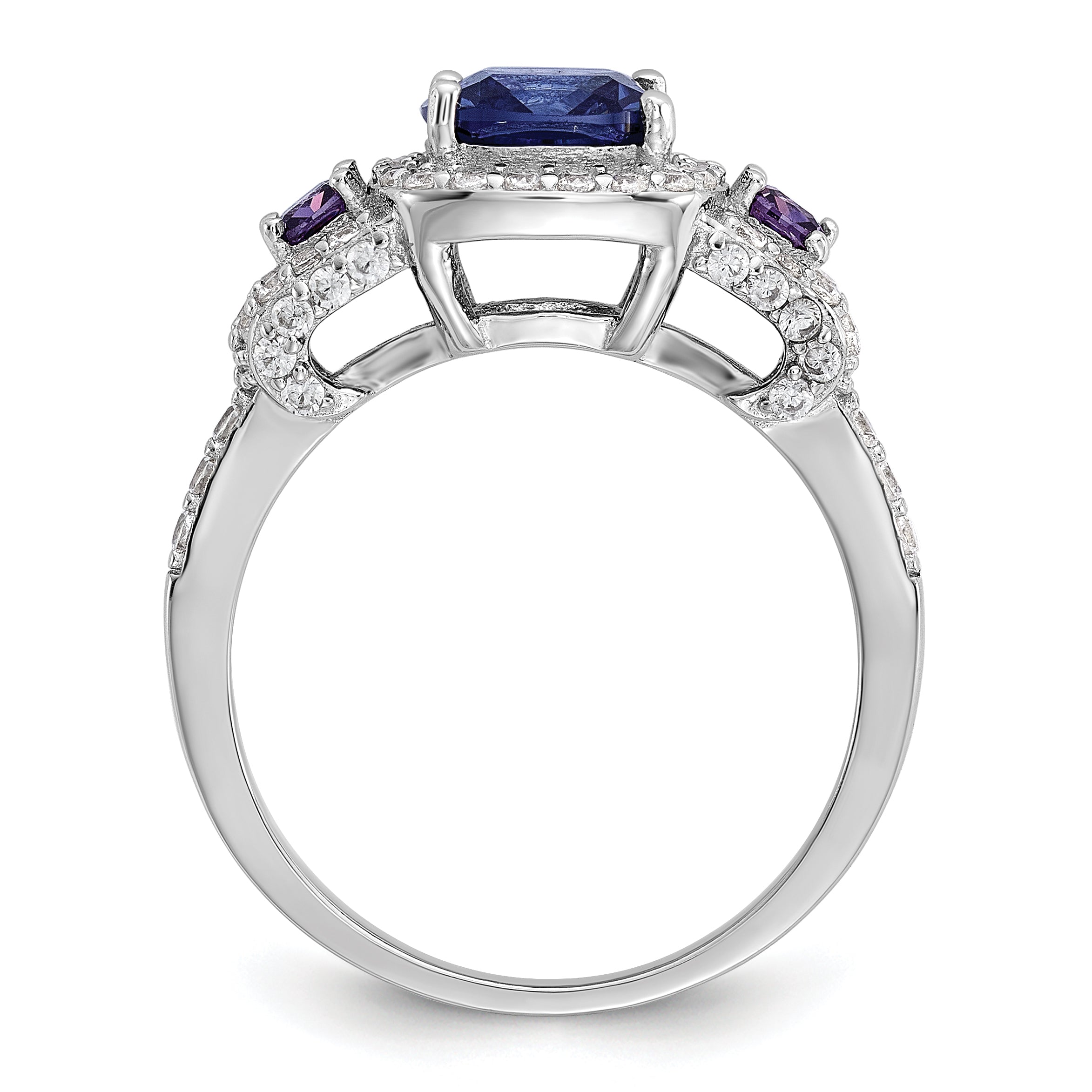 Cheryl M Sterling Silver Rhodium-plated Polished Fancy Blue Purple and White CZ Halo Ring Secondary image