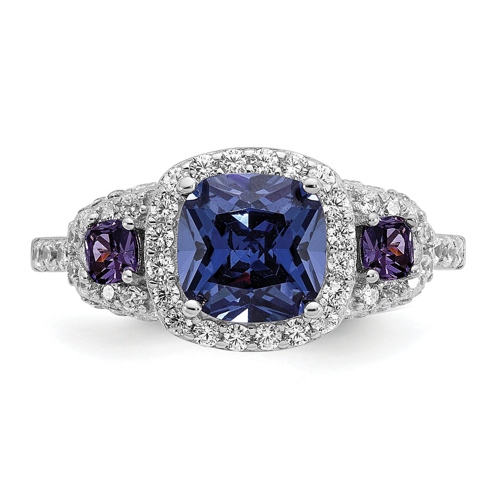 Cheryl M Sterling Silver Rhodium-plated Polished Fancy Blue Purple and White CZ Halo Ring