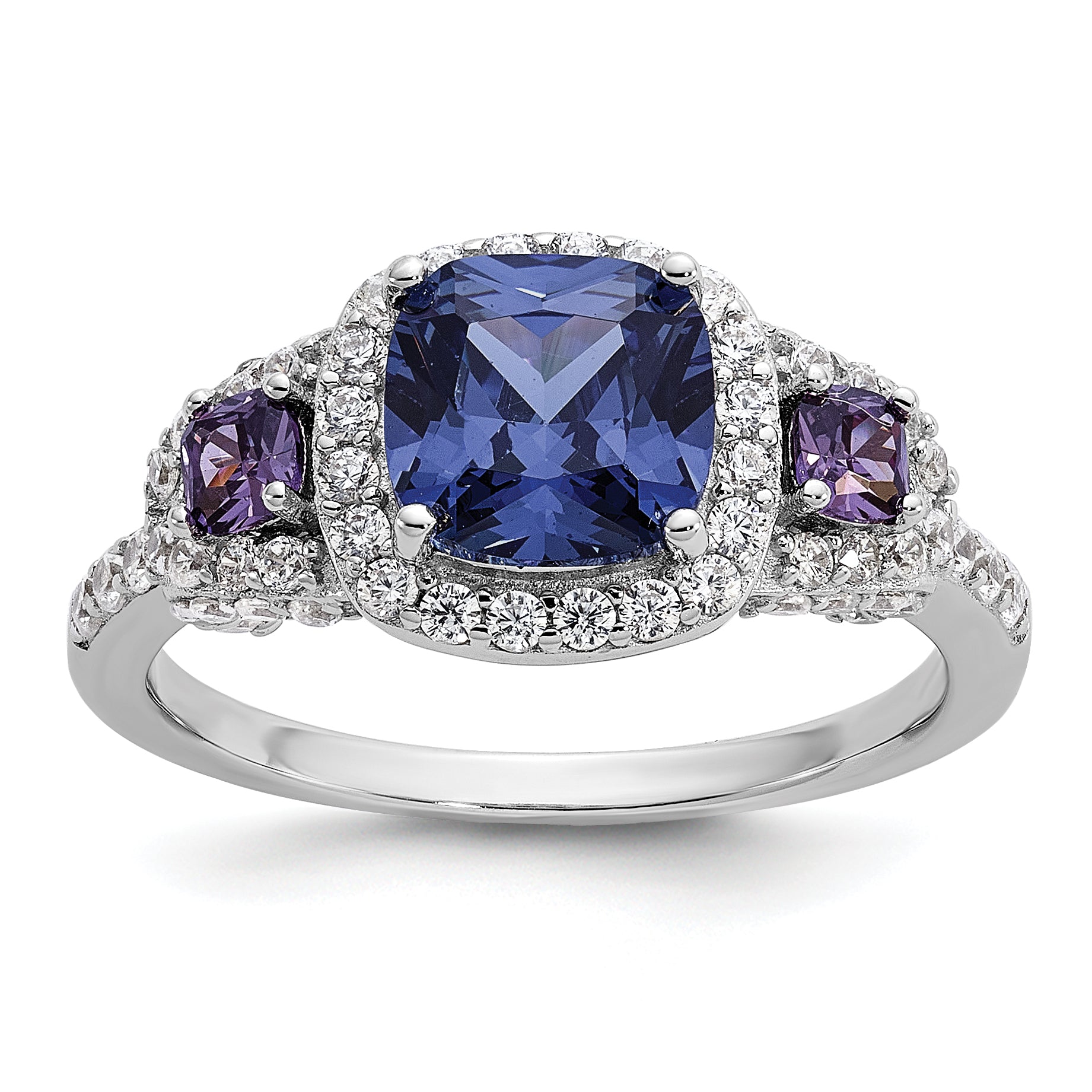 Cheryl M Sterling Silver Rhodium-plated Polished Fancy Blue Purple and White CZ Halo Ring Main image