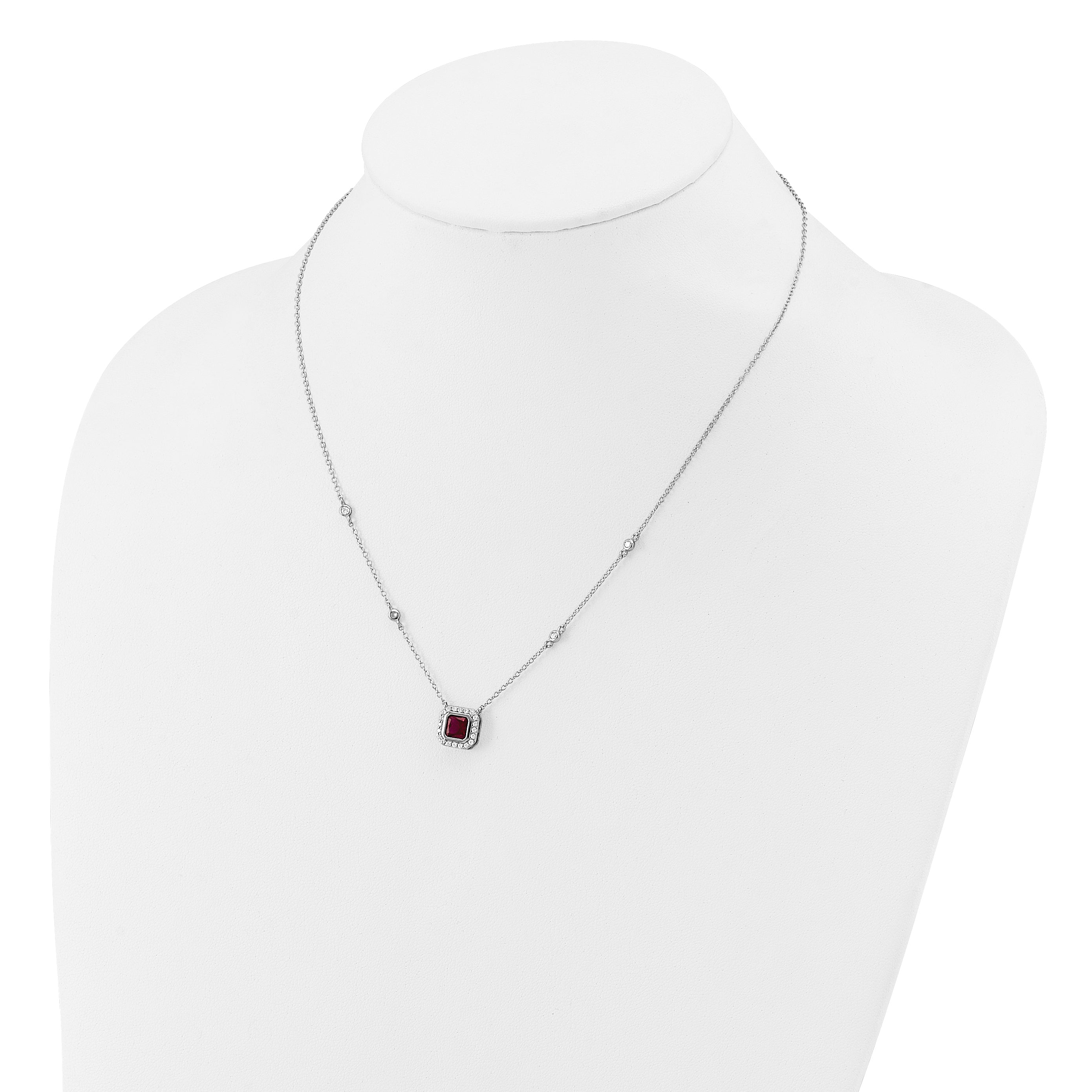 Cheryl M Sterling Silver Rhodium-plated Polished Fancy Lab Created Ruby and CZ Station Necklace