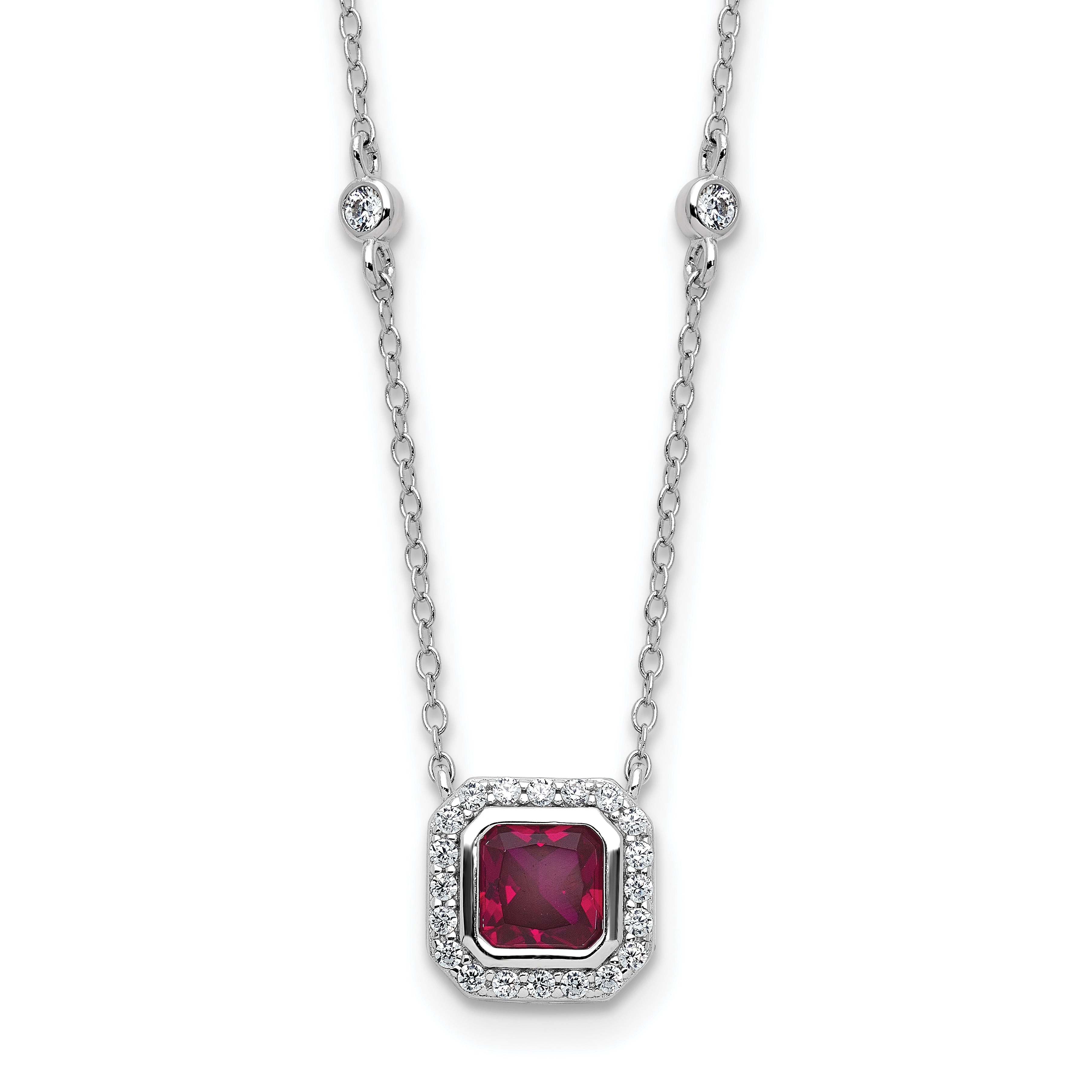Cheryl M Sterling Silver Rhodium-plated Polished Fancy Lab Created Ruby and CZ Station Necklace