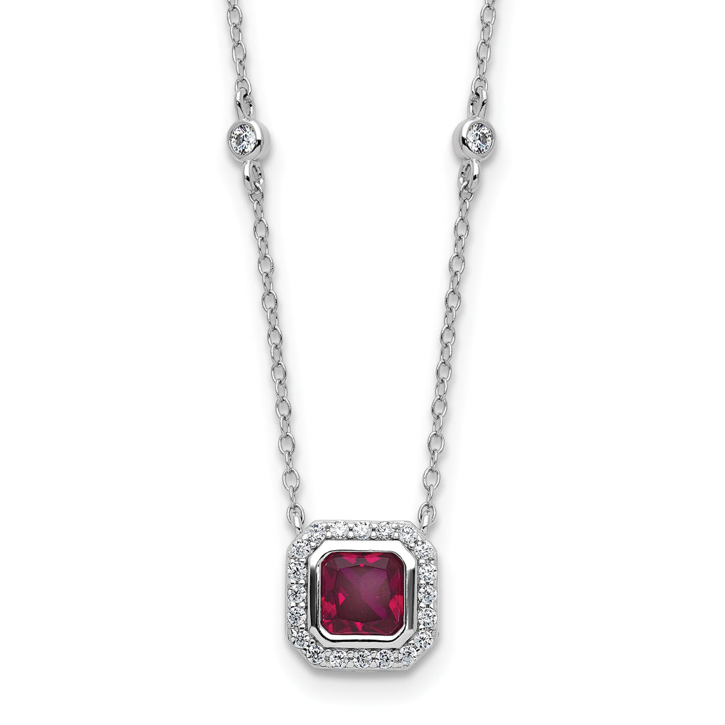 Cheryl M Sterling Silver Rhodium-plated Polished Fancy Lab Created Ruby and CZ Station Necklace