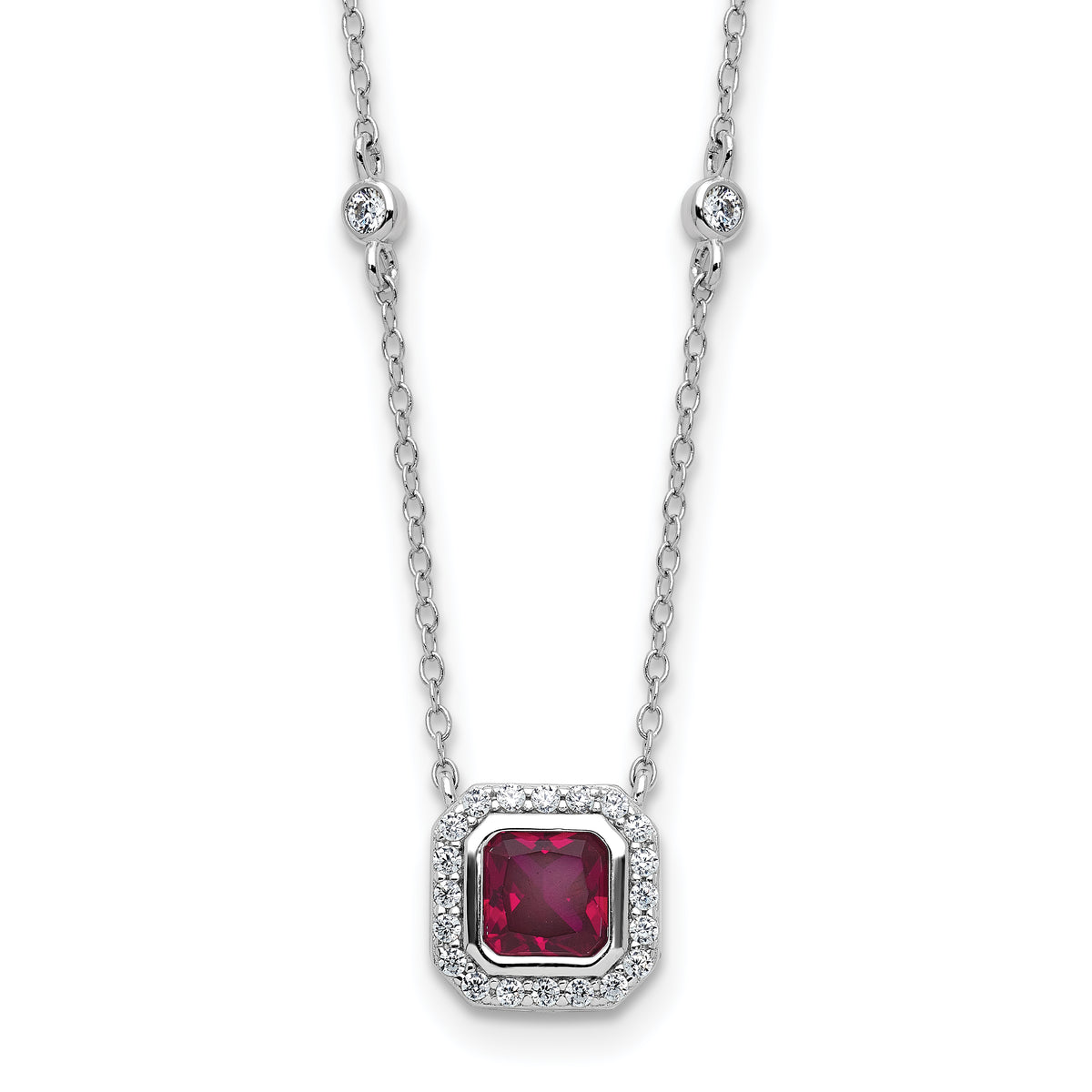 Cheryl M Sterling Silver Rhodium-plated Polished Fancy Lab Created Ruby and CZ Station Necklace