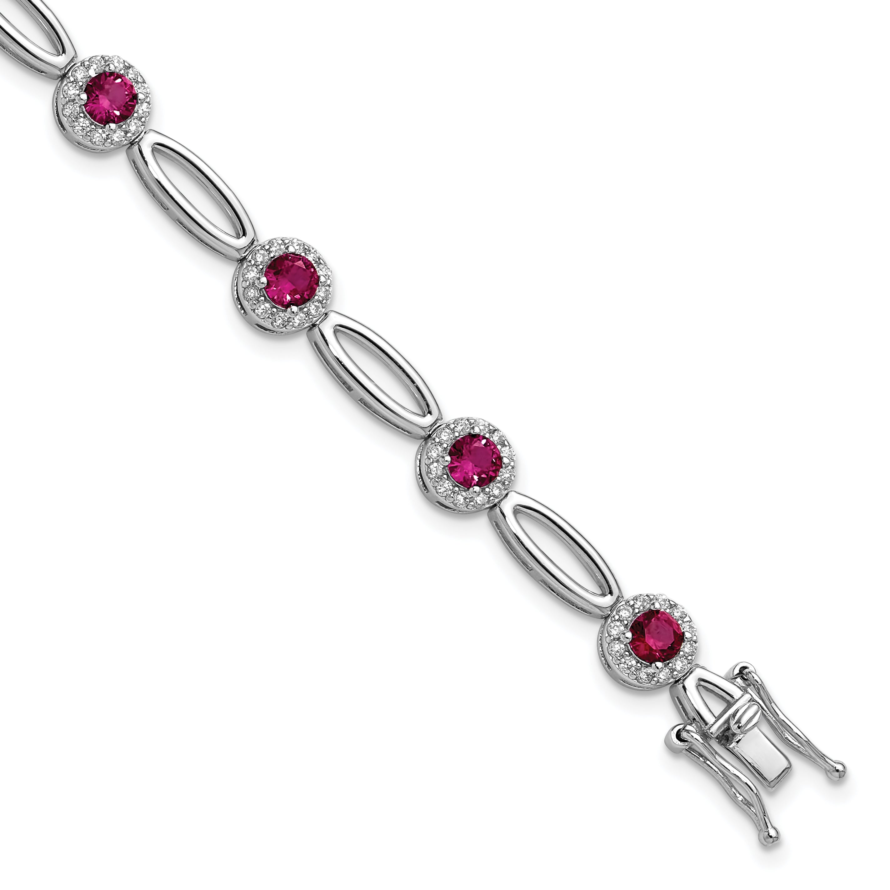 Cheryl M Sterling Silver Rhodium-plated Polished Fancy Lab Created Ruby and CZ Halo Bracelet Main image