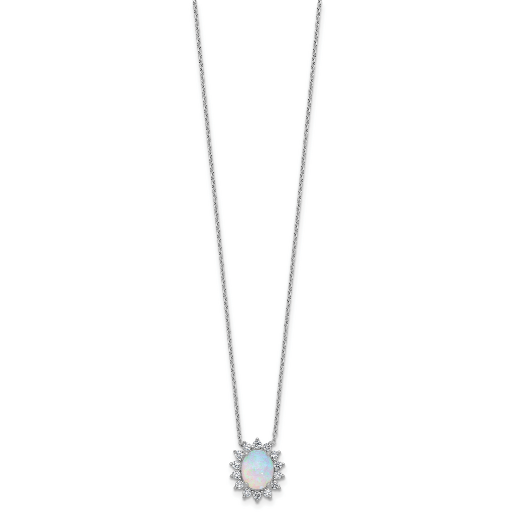 Cheryl M Sterling Silver Rhodium-plated Polished Created Opal and CZ Oval Halo Necklace