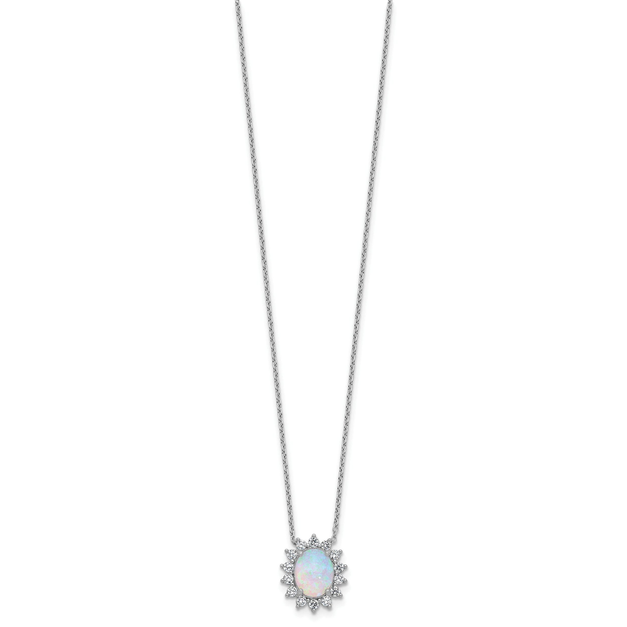 Cheryl M Sterling Silver Rhodium-plated Polished Created Opal and CZ Oval Halo Necklace