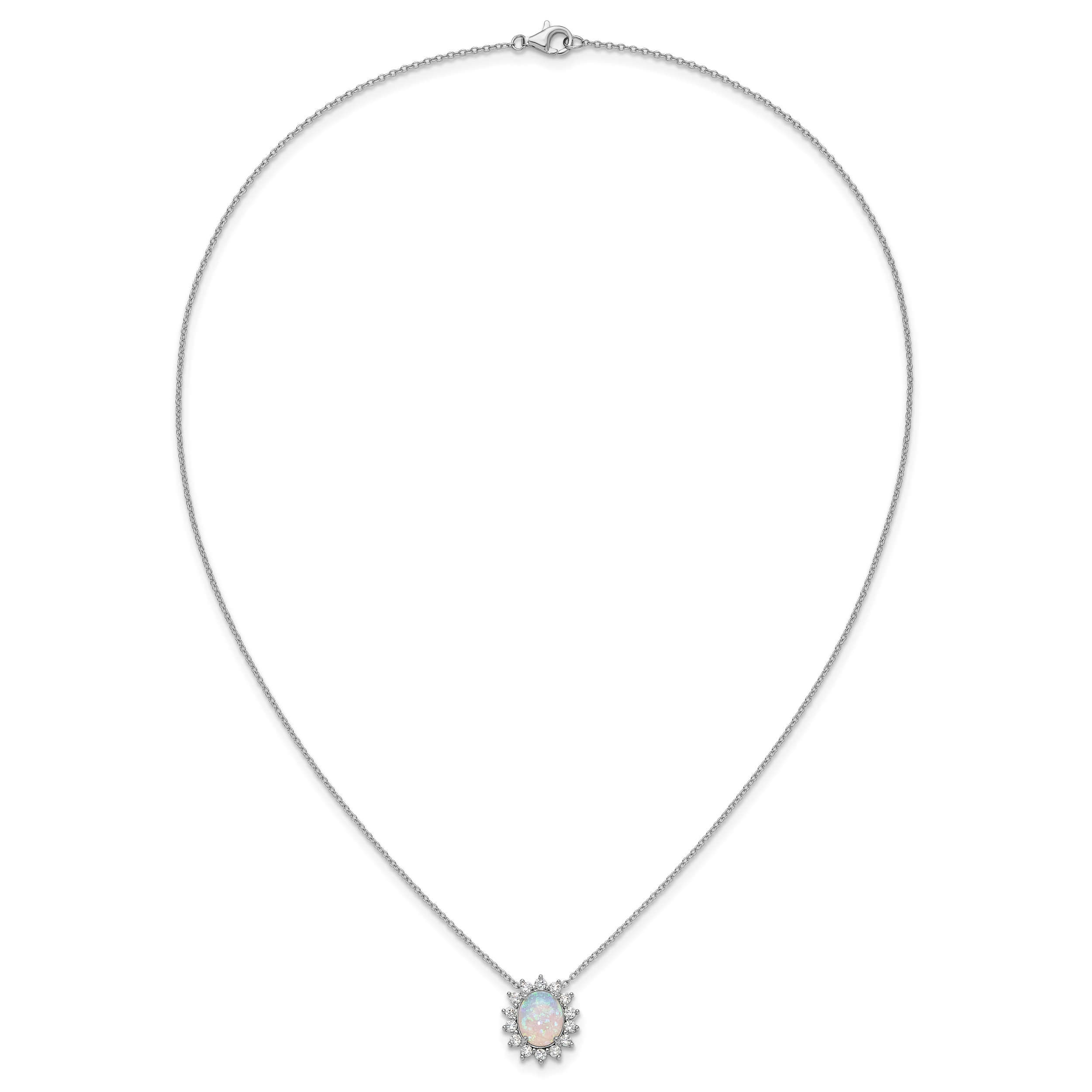 Cheryl M Sterling Silver Rhodium-plated Polished Created Opal and CZ Oval Halo Necklace