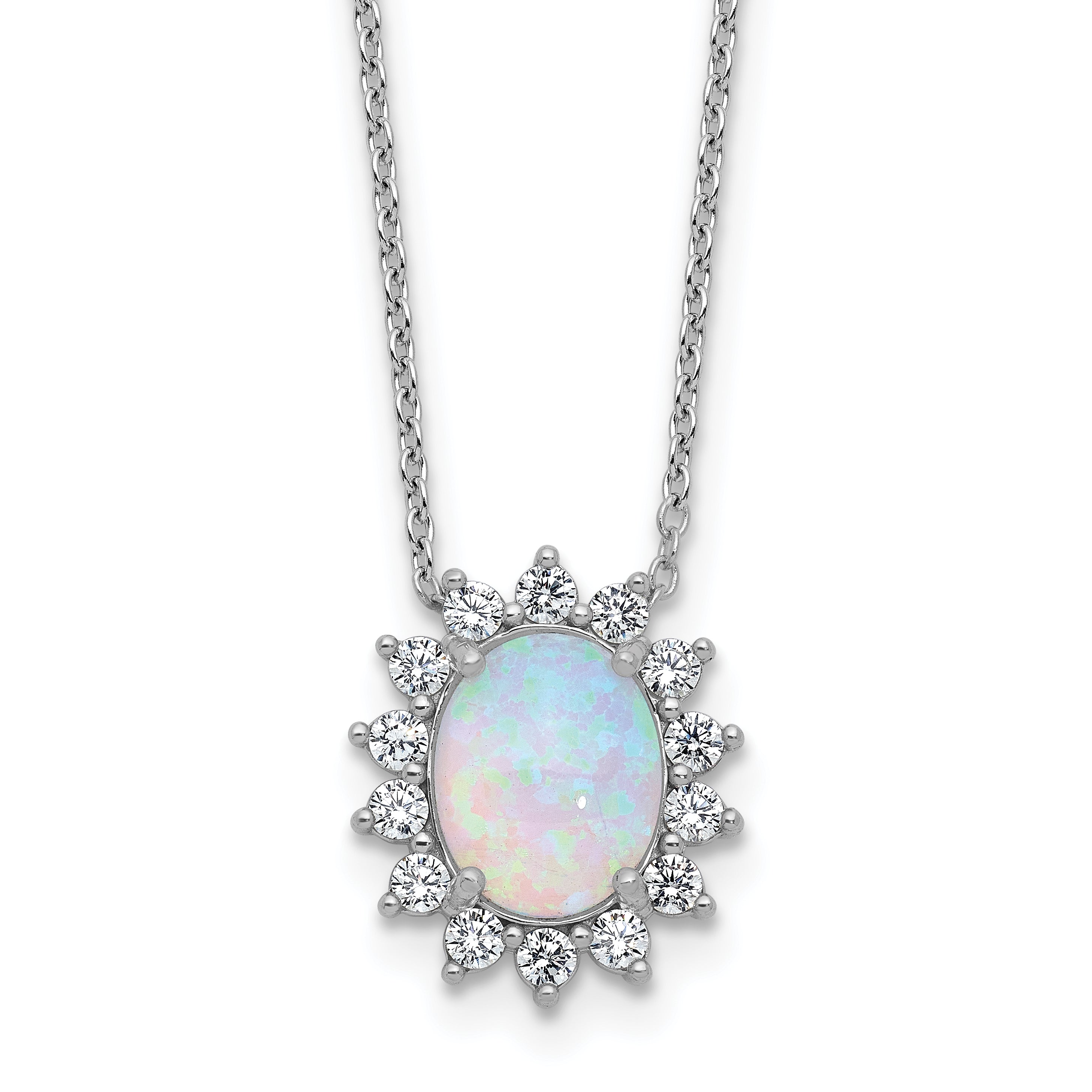 Cheryl M Sterling Silver Rhodium-plated Polished Created Opal and CZ Oval Halo Necklace Main image