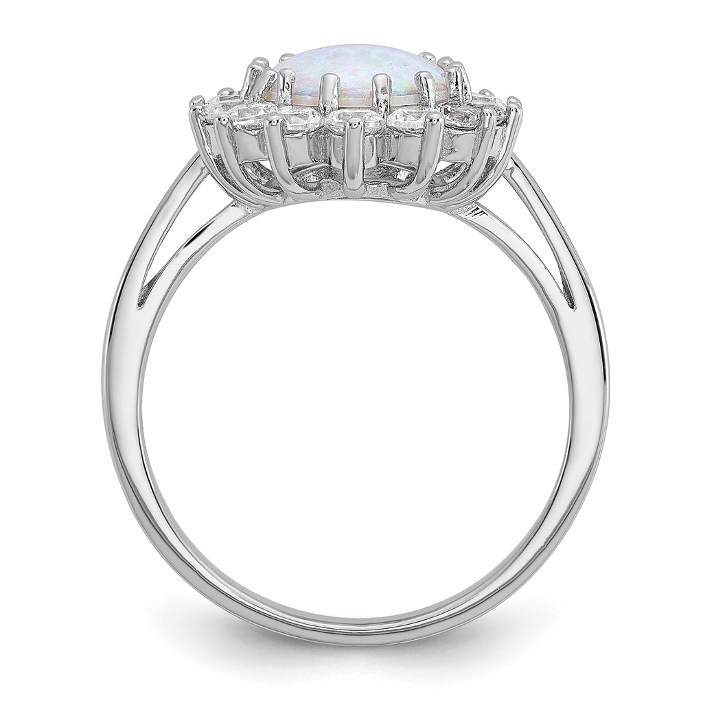 Cheryl M Sterling Silver Rhodium-plated Polished Created Opal and CZ Oval Halo Ring