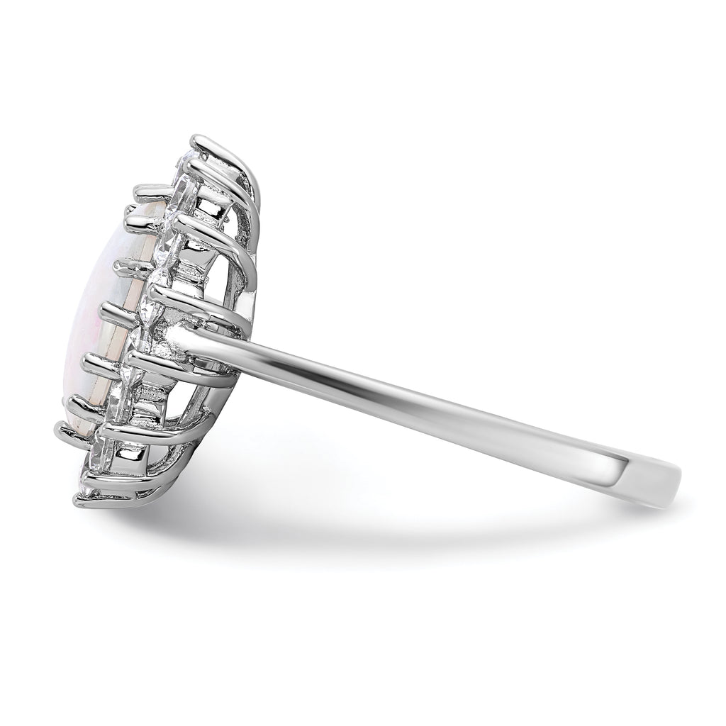 Cheryl M Sterling Silver Rhodium-plated Polished Created Opal and CZ Oval Halo Ring