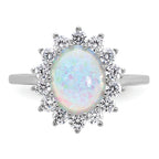 Cheryl M Sterling Silver Rhodium-plated Polished Created Opal and CZ Oval Halo Ring