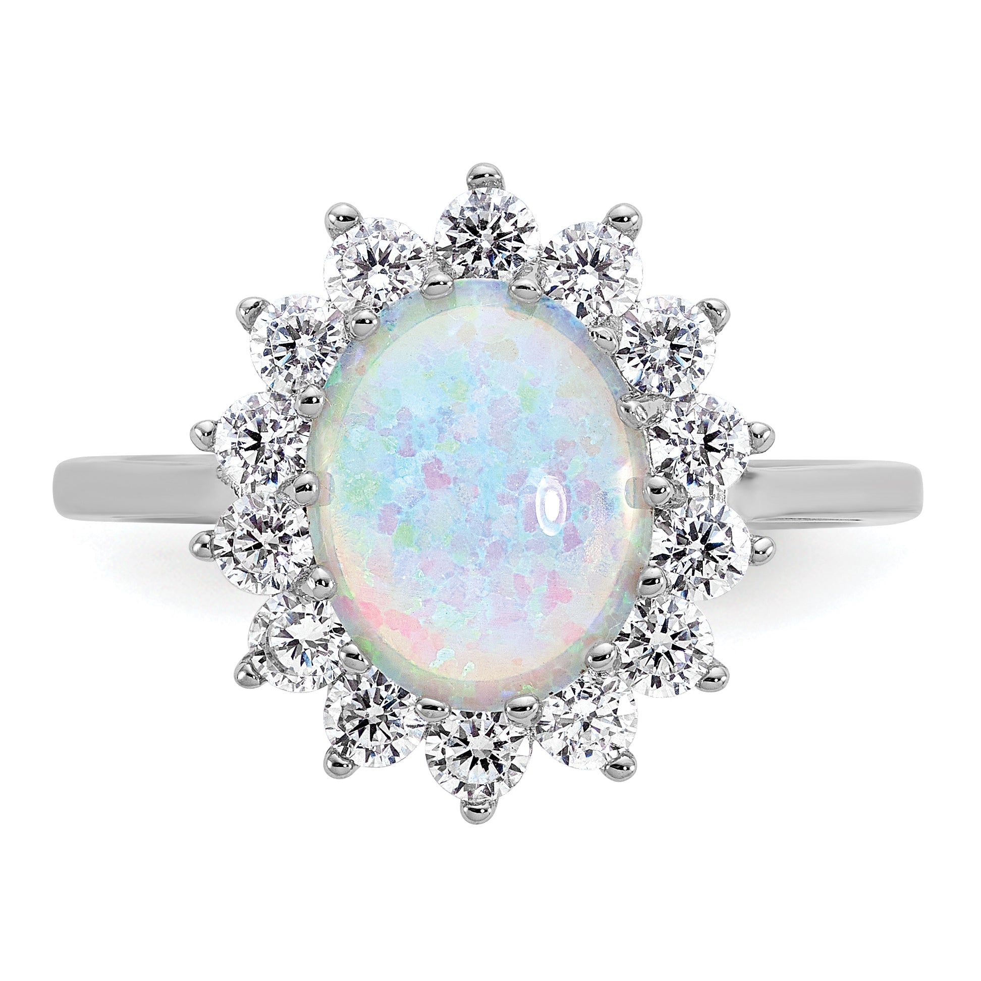 Cheryl M Sterling Silver Rhodium-plated Polished Created Opal and CZ Oval Halo Ring