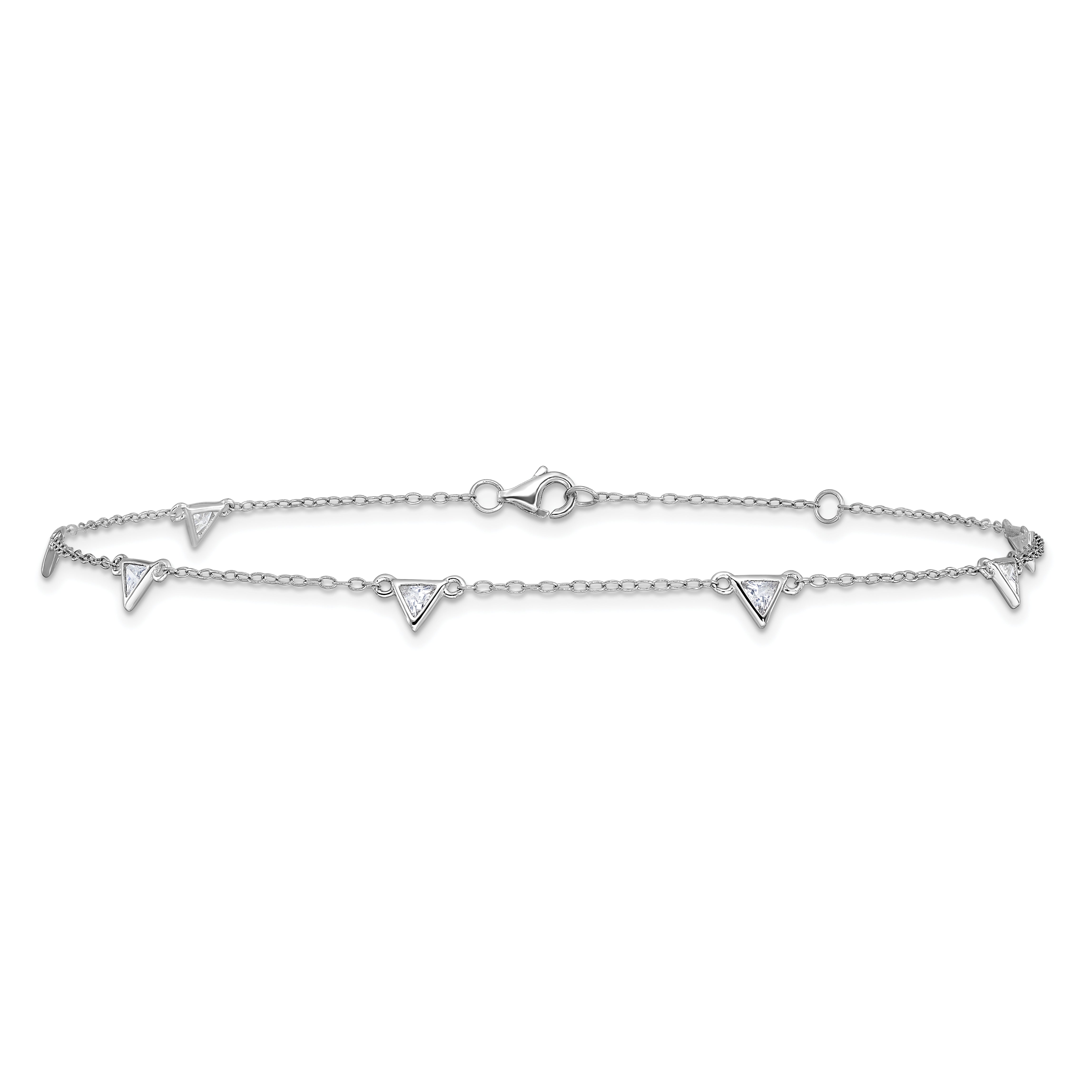 Cheryl M Sterling Silver Rhodium-plated Polished Trillion-cut CZ 9.5 Inch with 1 Inch Extension Anklet