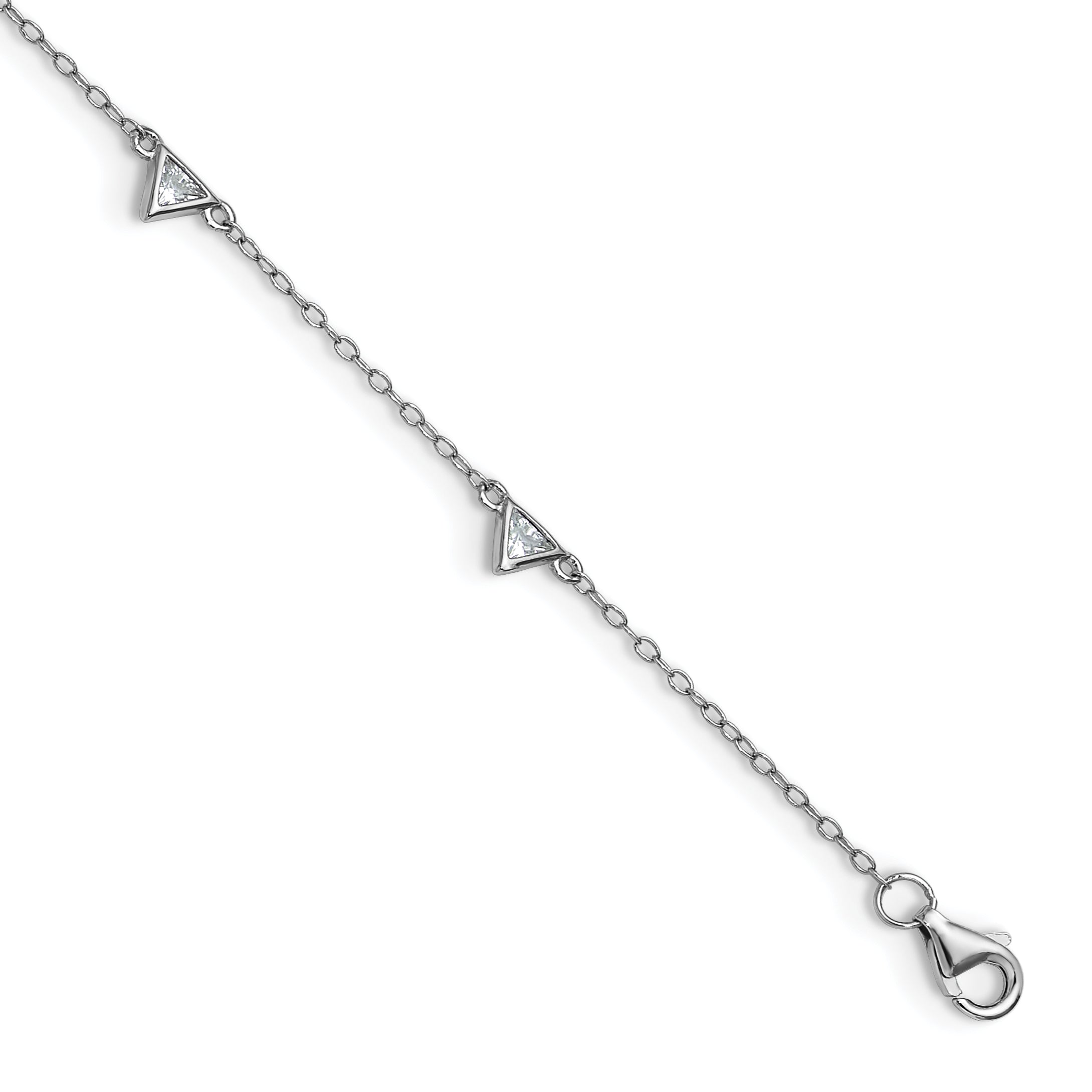 Cheryl M Sterling Silver Rhodium-plated Polished Trillion-cut CZ 9.5 Inch with 1 Inch Extension Anklet