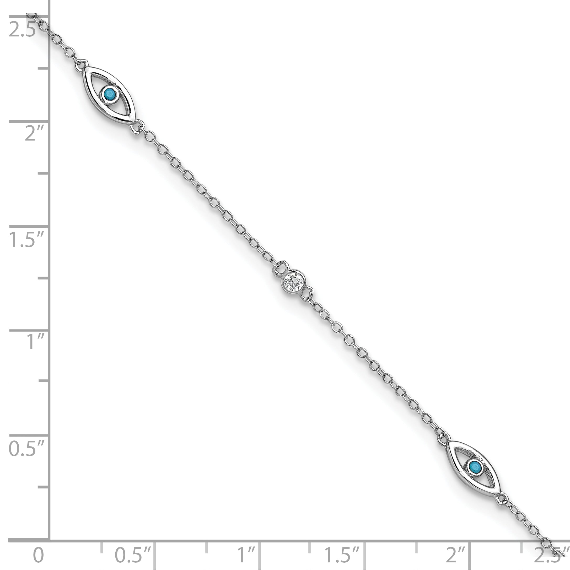 Cheryl M Sterling Silver Rhodium-plated Polished Blue Glass and CZ Evil Eye 9.5 Inch with 1 Inch Extension Anklet