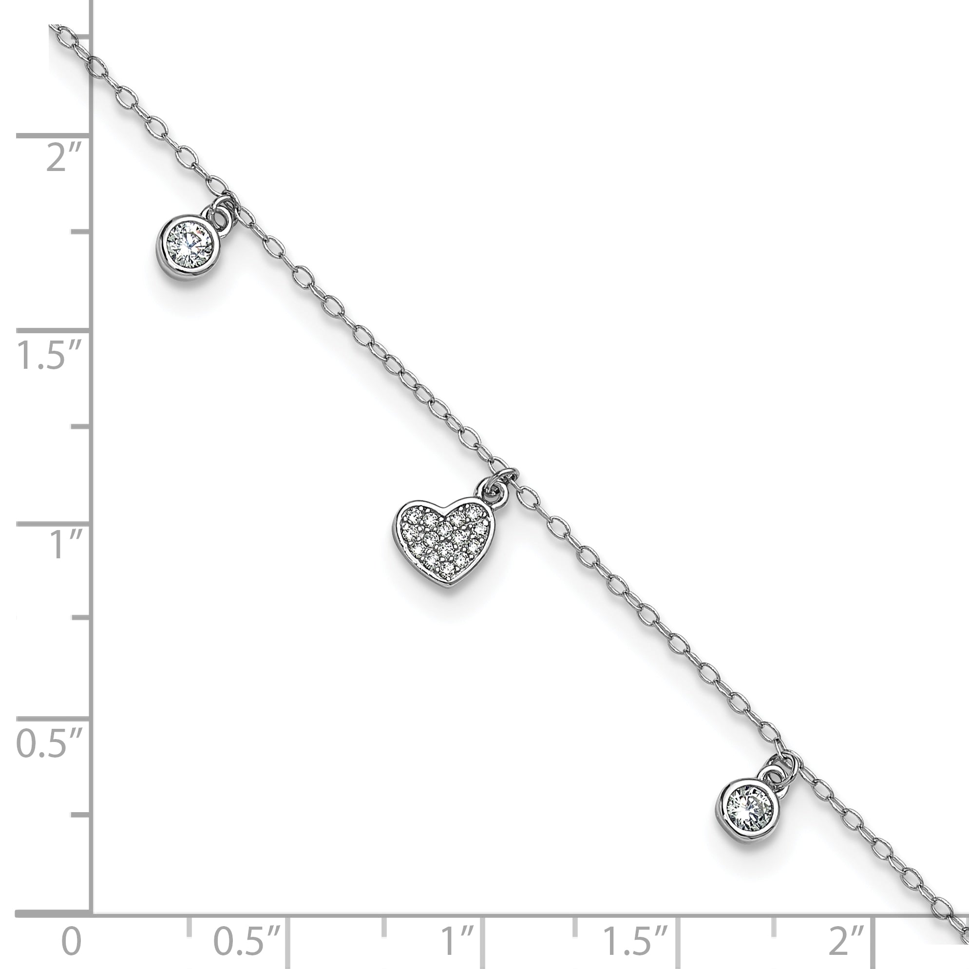 Cheryl M Sterling Silver Rhodium-plated Polished CZ Heart 9.5 Inch with 1 Inch Extension Anklet