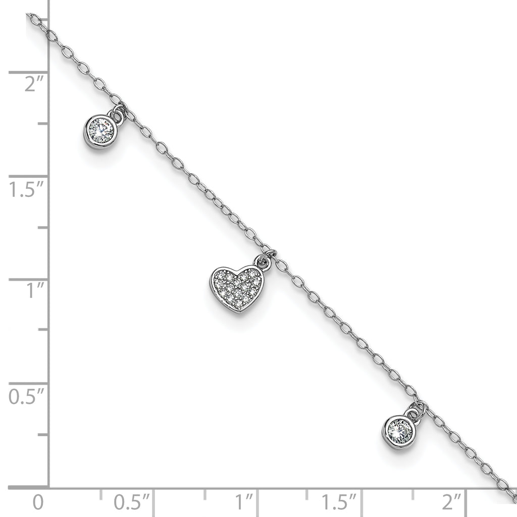 Cheryl M Sterling Silver Rhodium-plated Polished CZ Heart 9.5 Inch with 1 Inch Extension Anklet