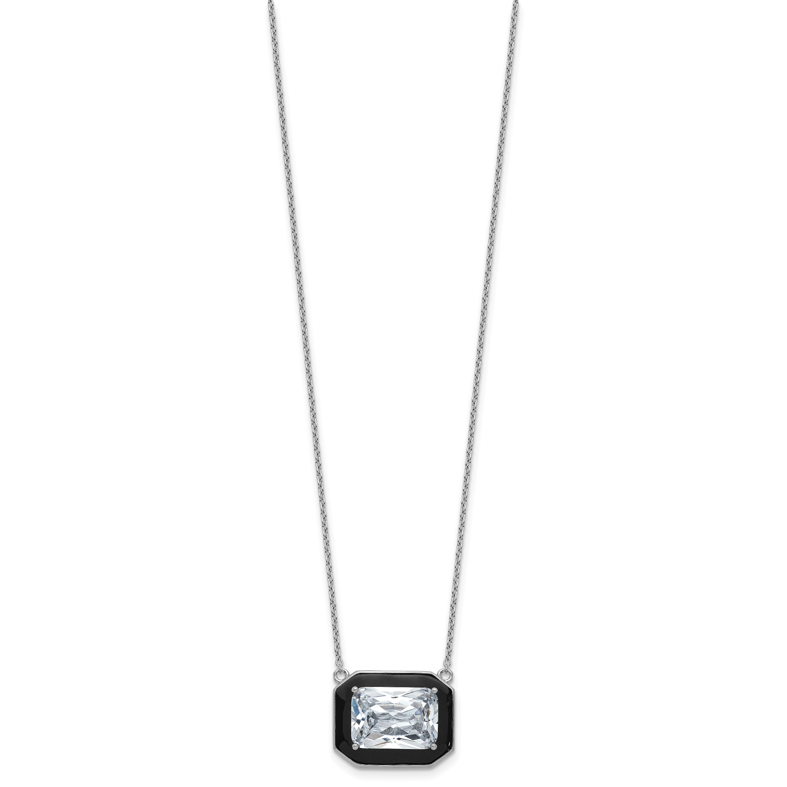 Cheryl M Sterling Silver Rhodium-plated Polished Black Enamel and Emerald-cut CZ Necklace Secondary image