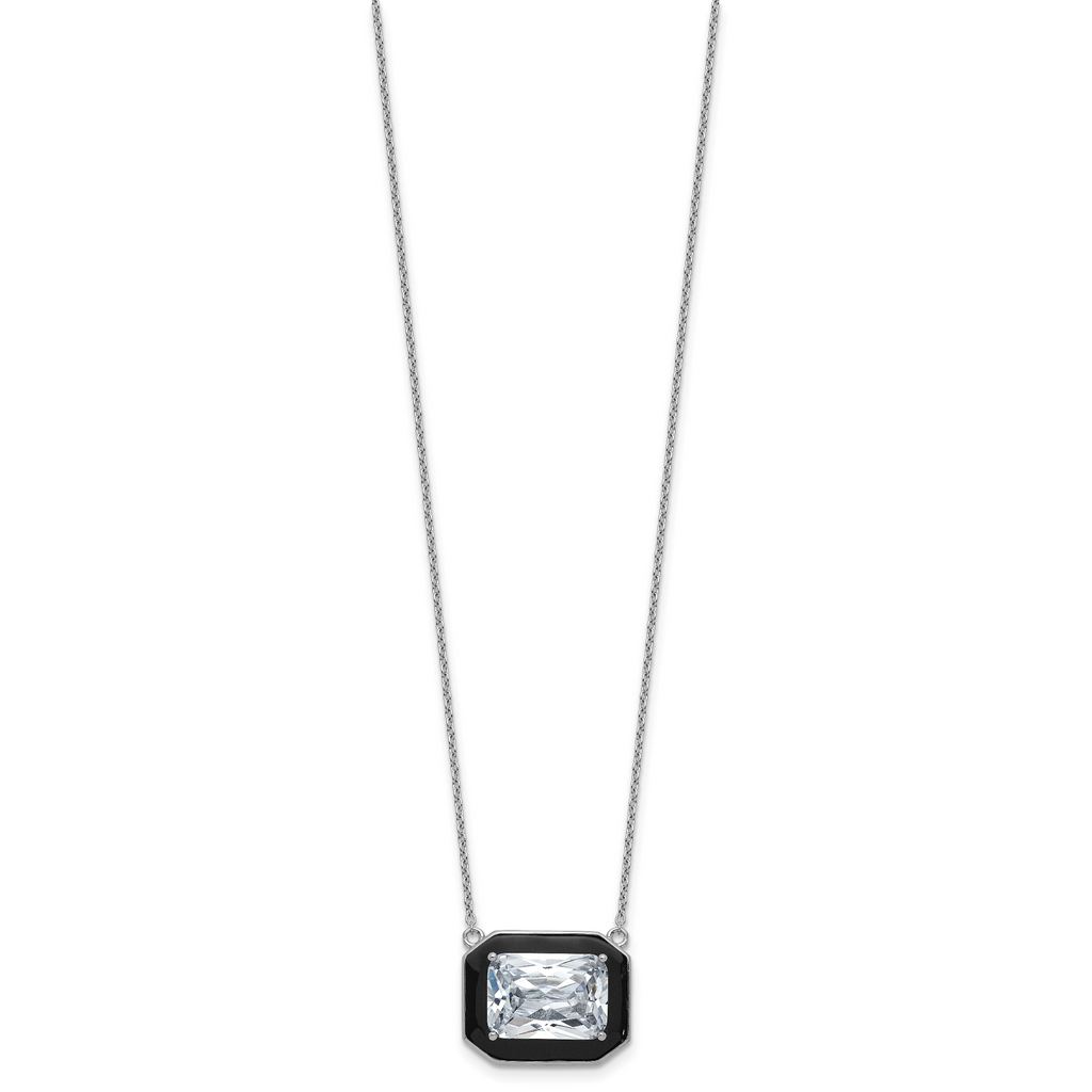 Cheryl M Sterling Silver Rhodium-plated Polished Black Enamel and Emerald-cut CZ Necklace