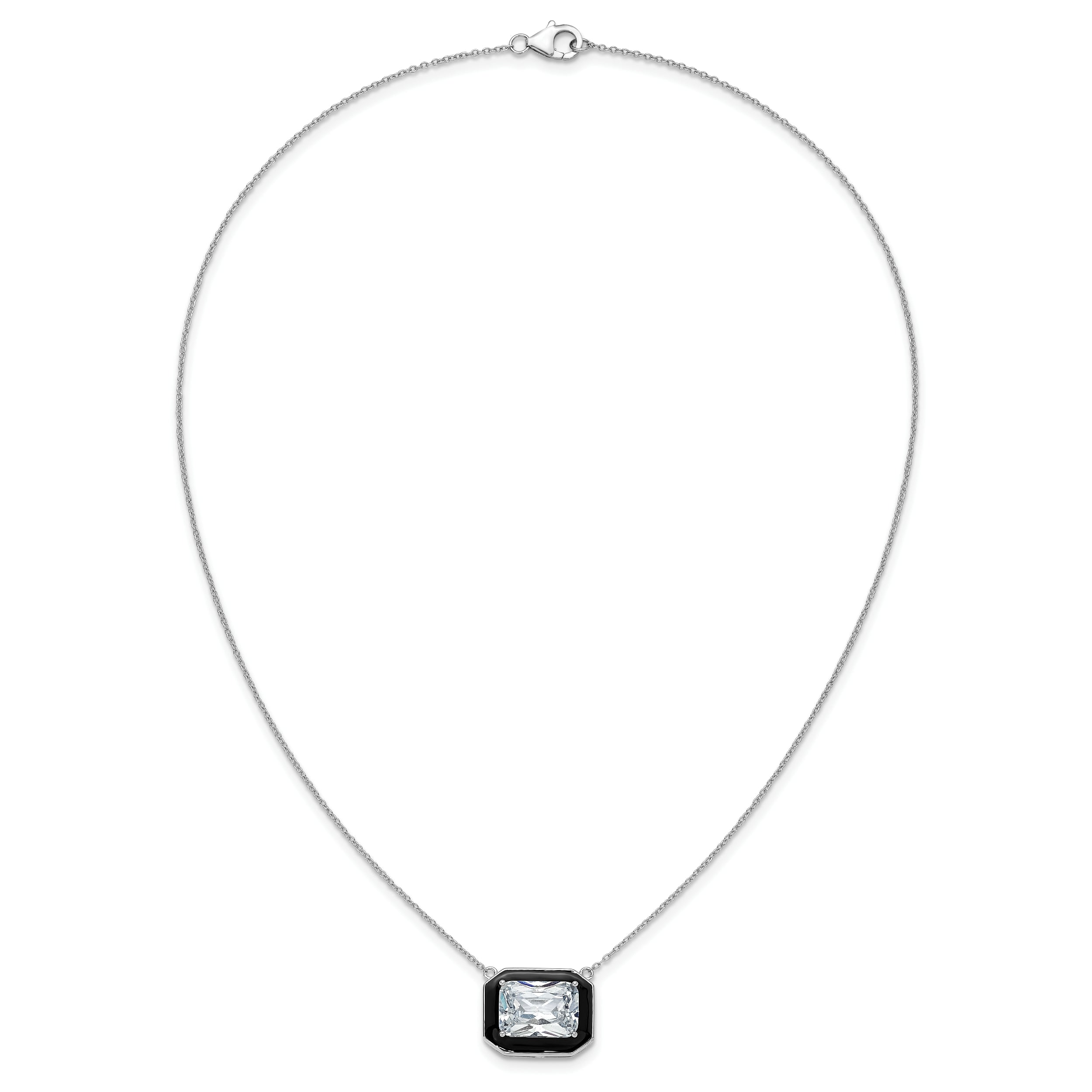 Cheryl M Sterling Silver Rhodium-plated Polished Black Enamel and Emerald-cut CZ Necklace