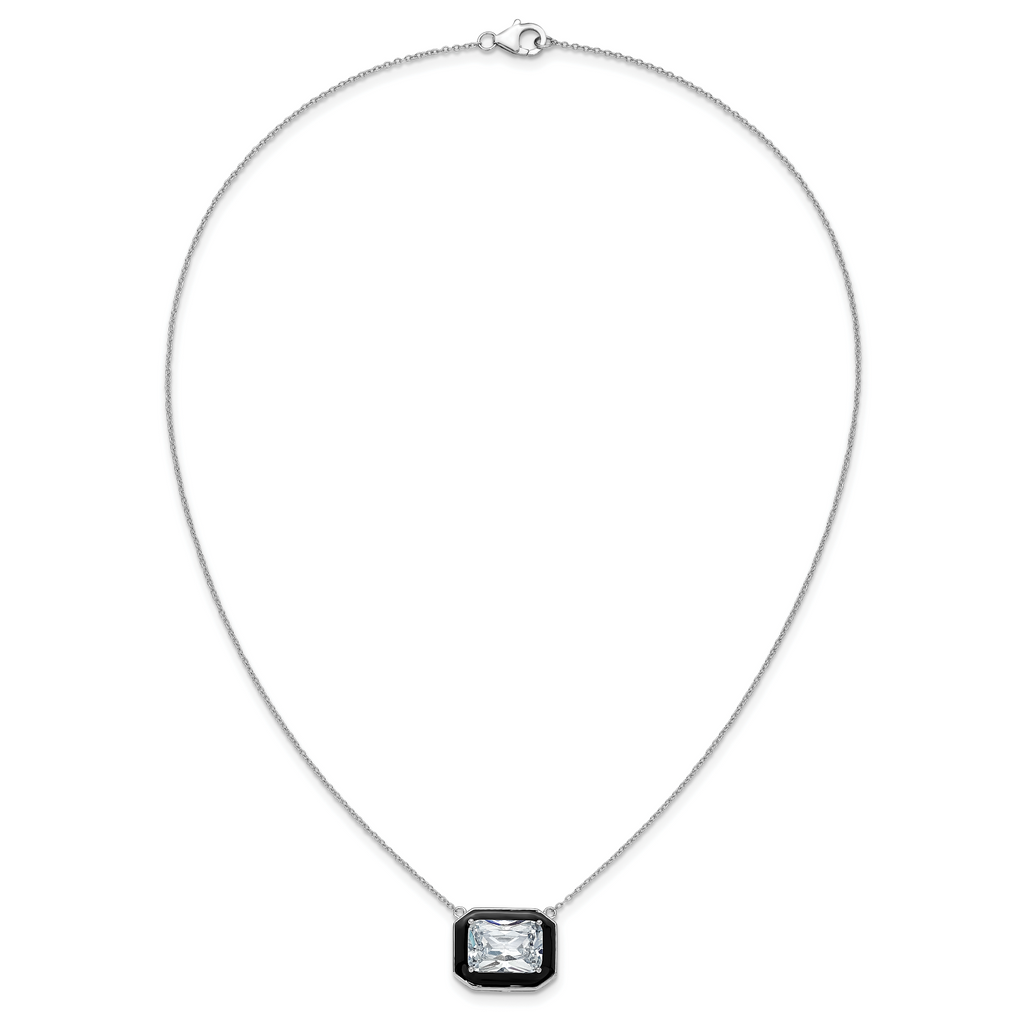 Cheryl M Sterling Silver Rhodium-plated Polished Black Enamel and Emerald-cut CZ Necklace